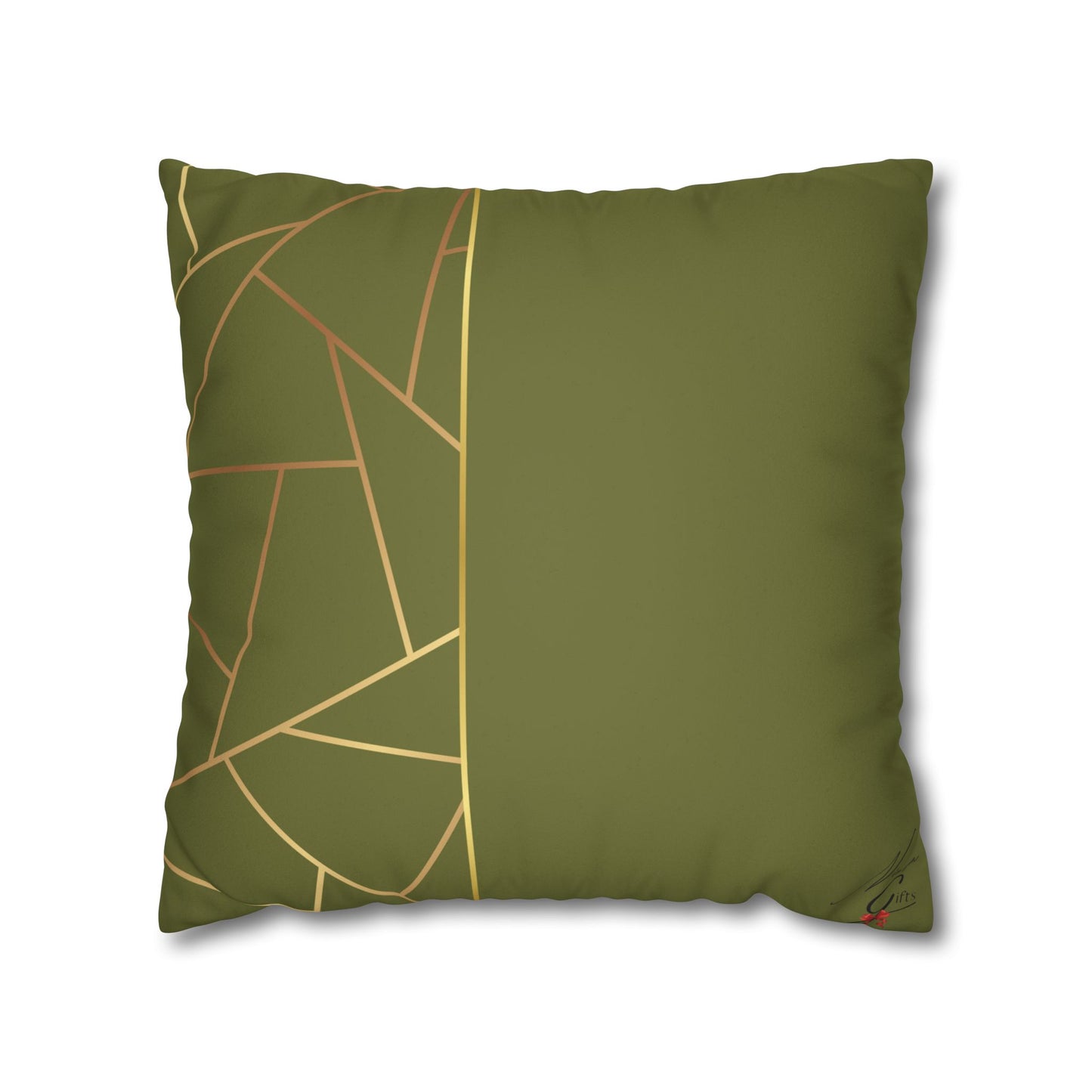 Faux Suede Square Pillowcase - Green with Golden Geometry