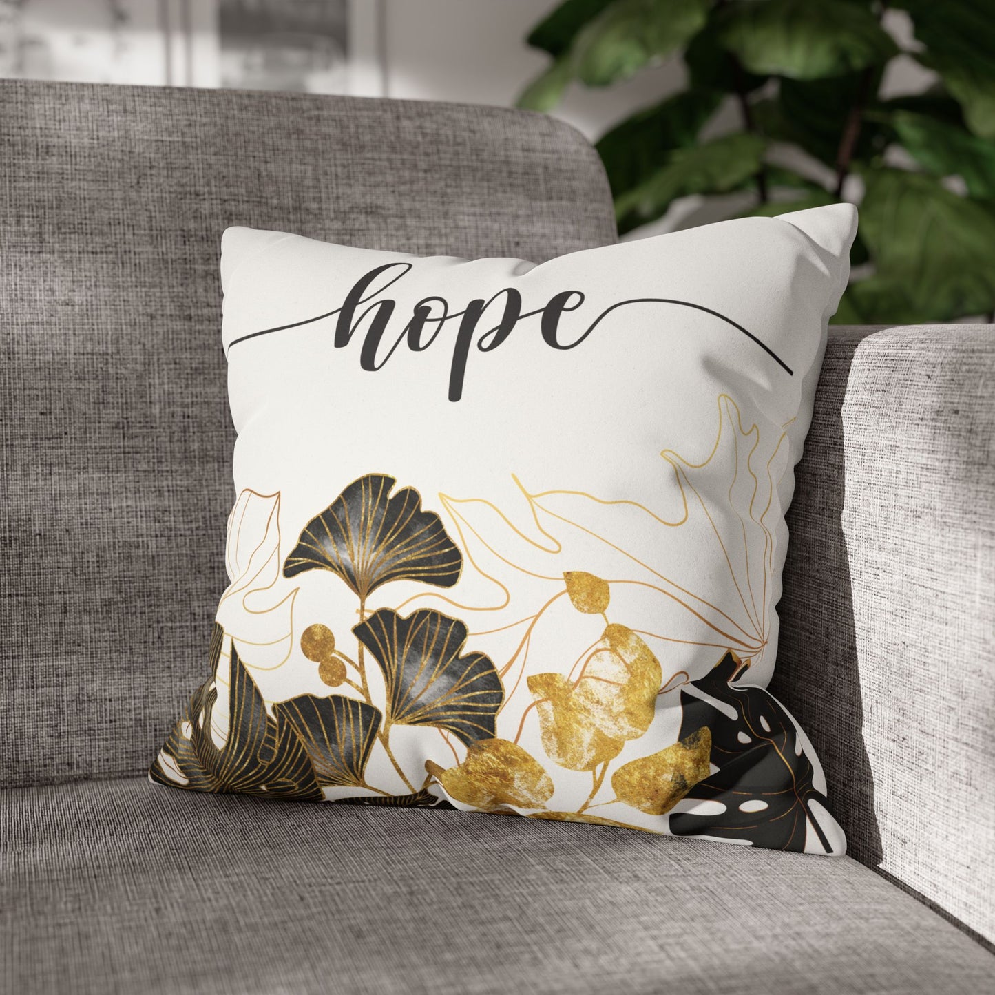 Faux Suede Square Pillowcase - HOPE - White & Golden Floral