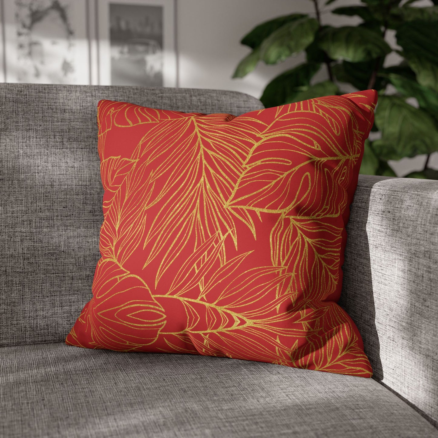 Faux Suede Square Pillowcase - Red with Golden Leaves