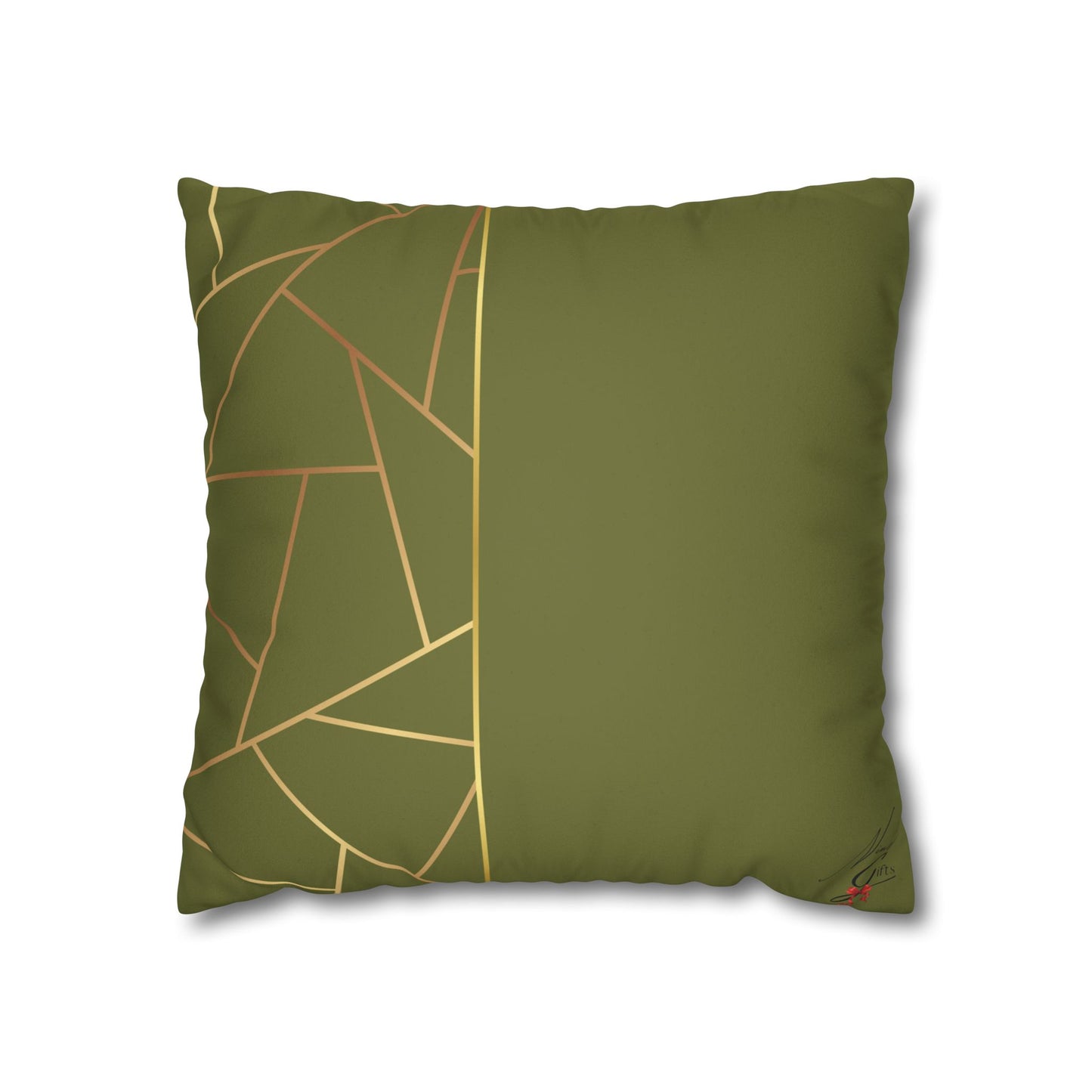 Faux Suede Square Pillowcase - Green with Golden Geometry
