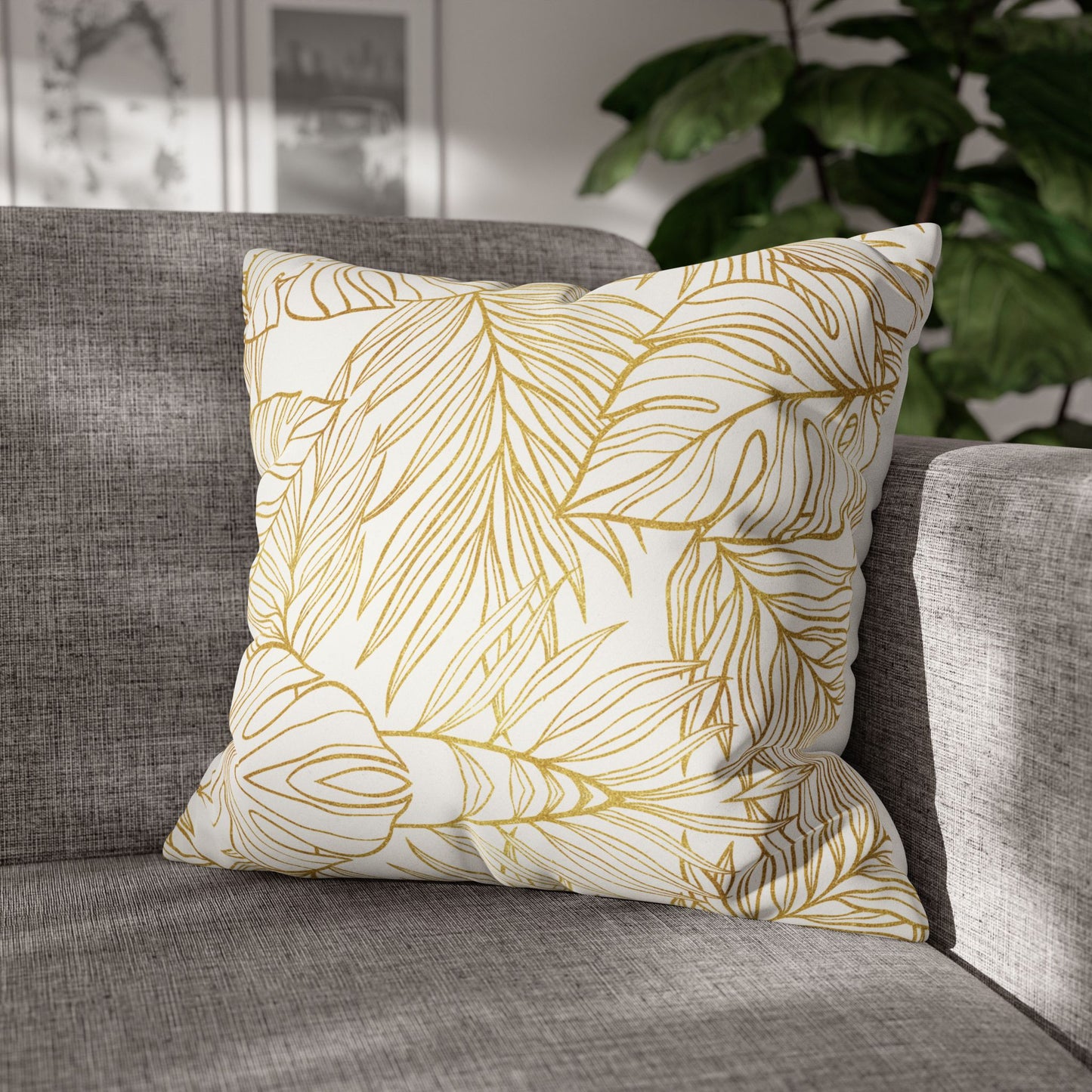 Faux Suede Square Pillowcase - White & Golden Fleurs
