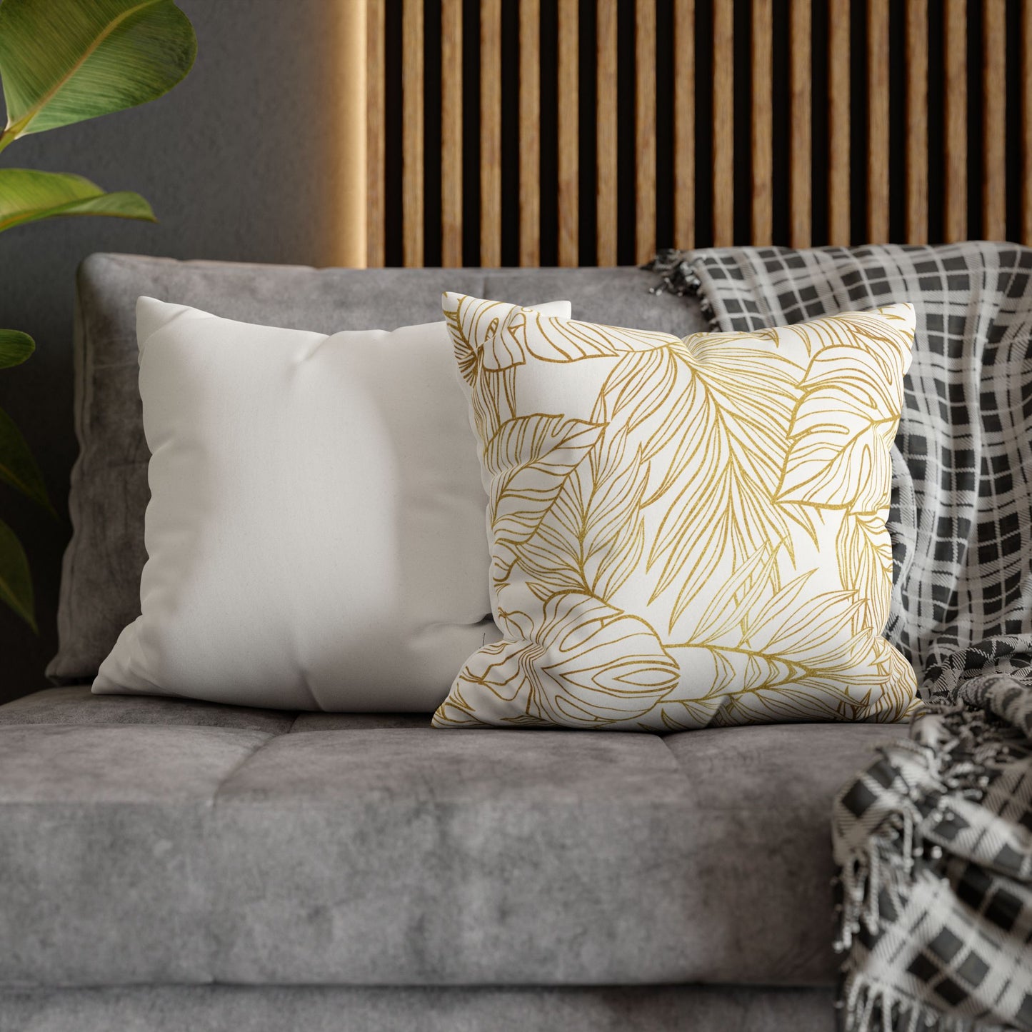 Faux Suede Square Pillowcase - White & Golden Fleurs