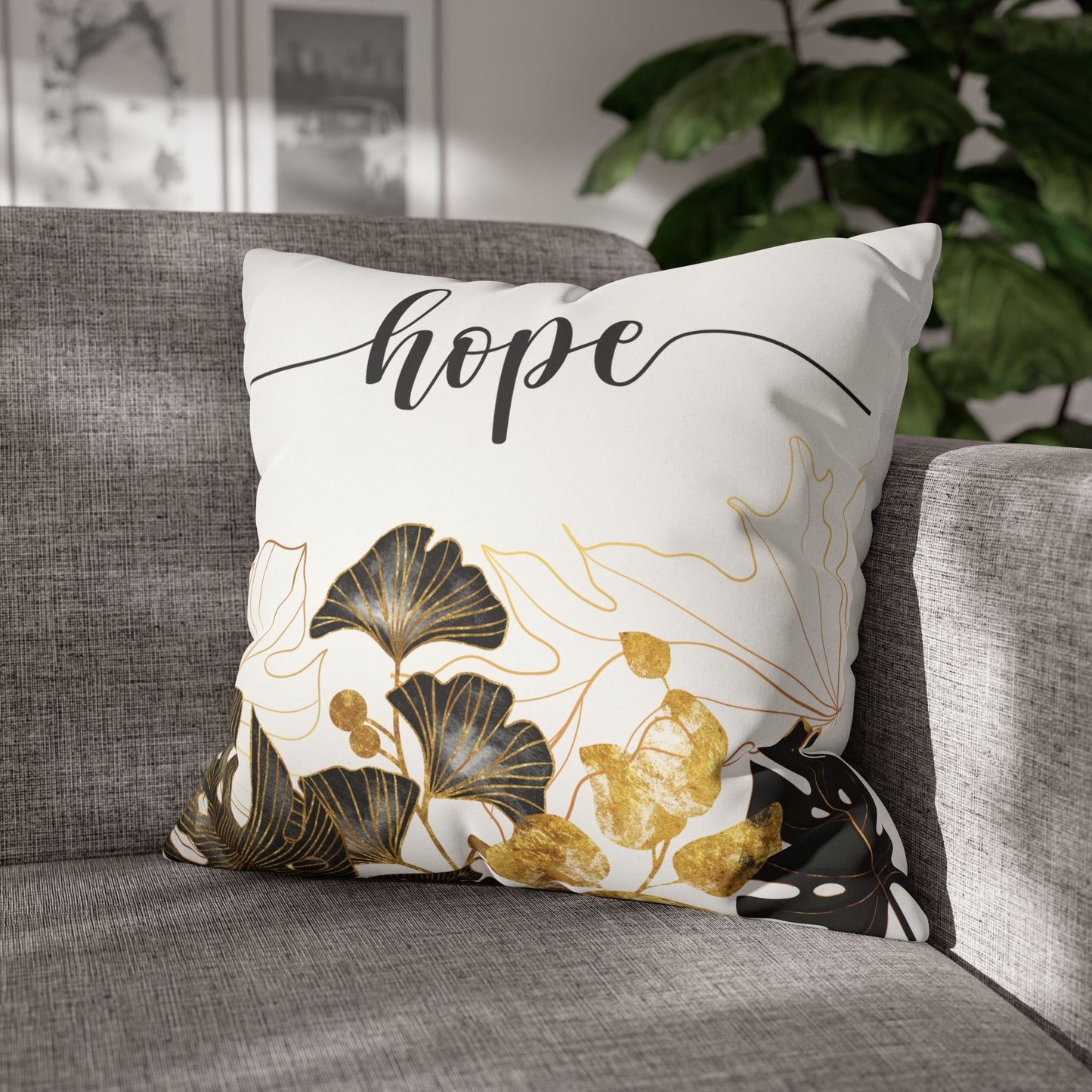 Faux Suede Square Pillowcase - HOPE - White & Golden Floral