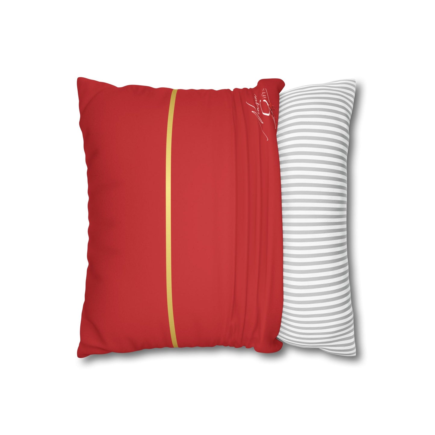 Faux Suede Square Pillowcase - Red with Golden Line