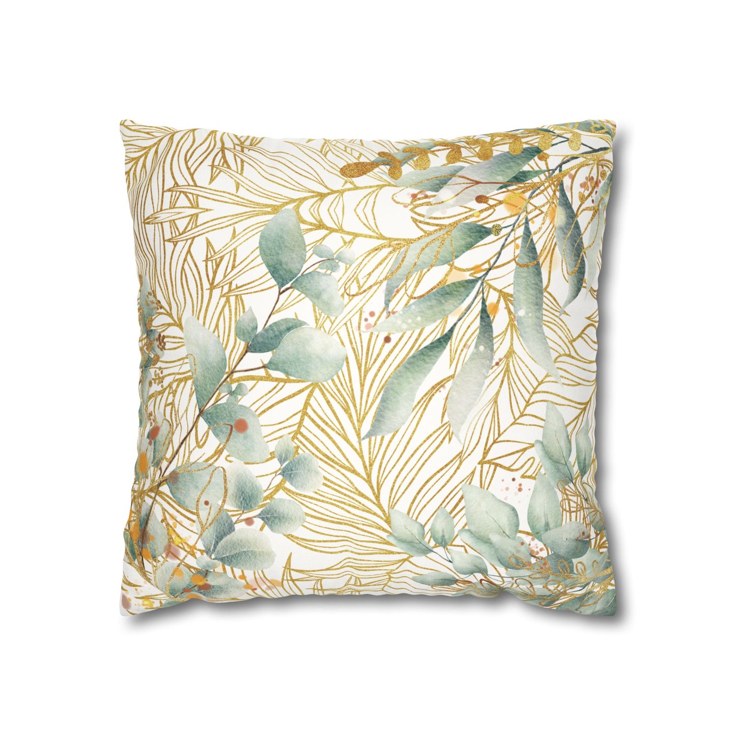 Faux Suede Square Pillowcase - White, Green & Golden Floral