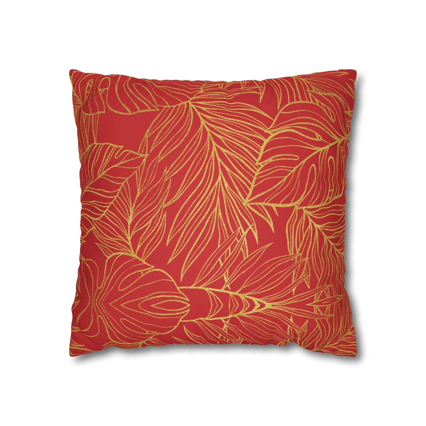Faux Suede Square Pillowcase - Red with Golden Leaves