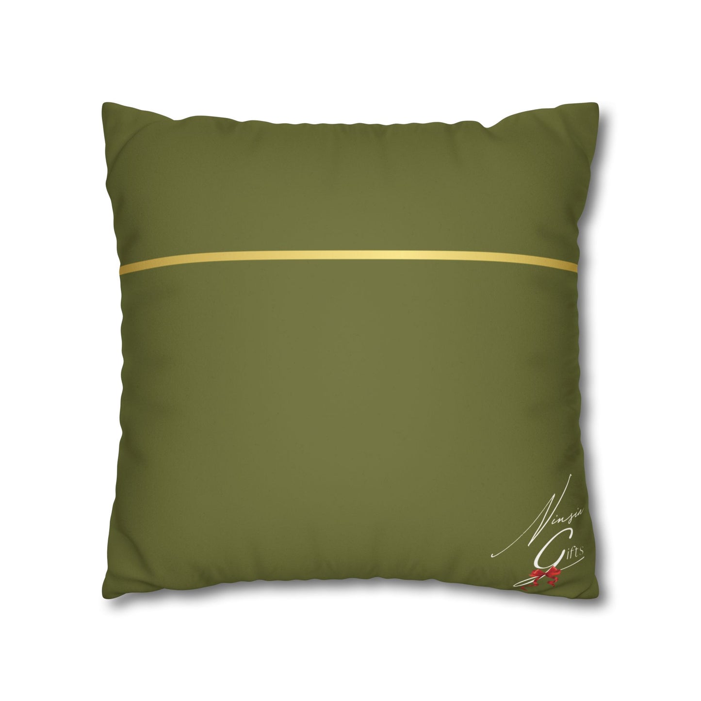 Faux Suede Square Pillowcase - Green with Golden Line