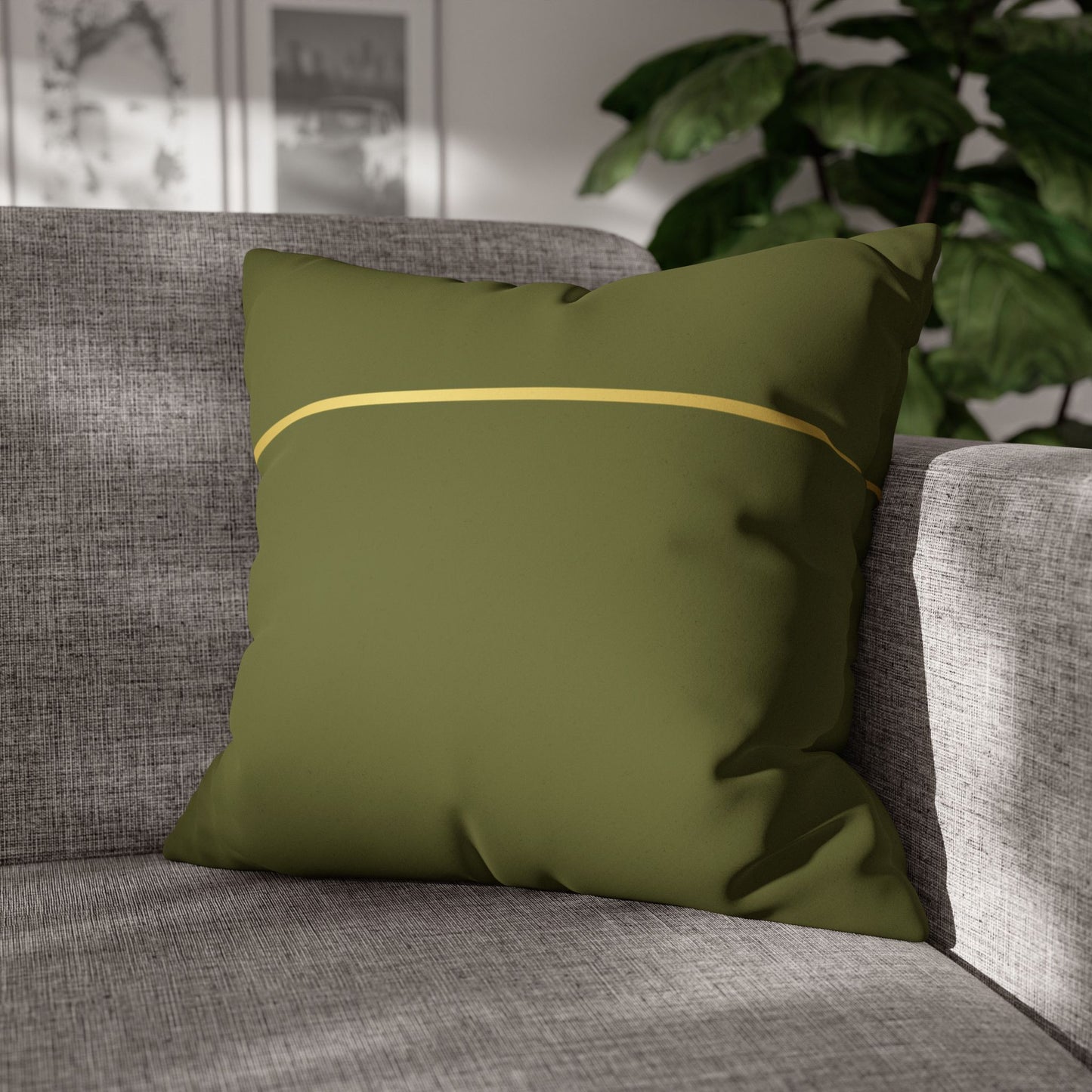 Faux Suede Square Pillowcase - Green with Golden Line