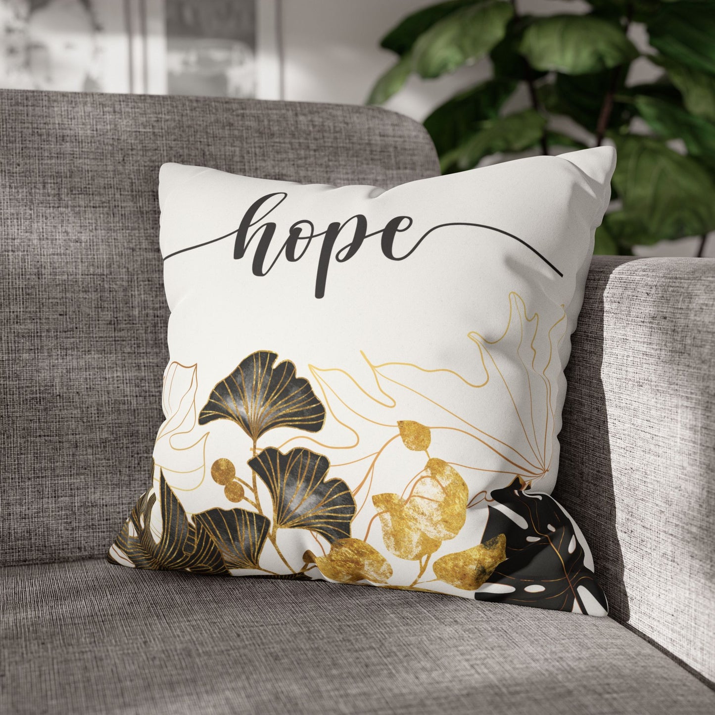 Faux Suede Square Pillowcase - HOPE - White & Golden Floral