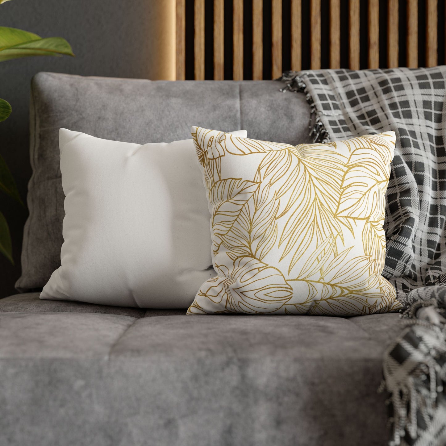 Faux Suede Square Pillowcase - White & Golden Fleurs