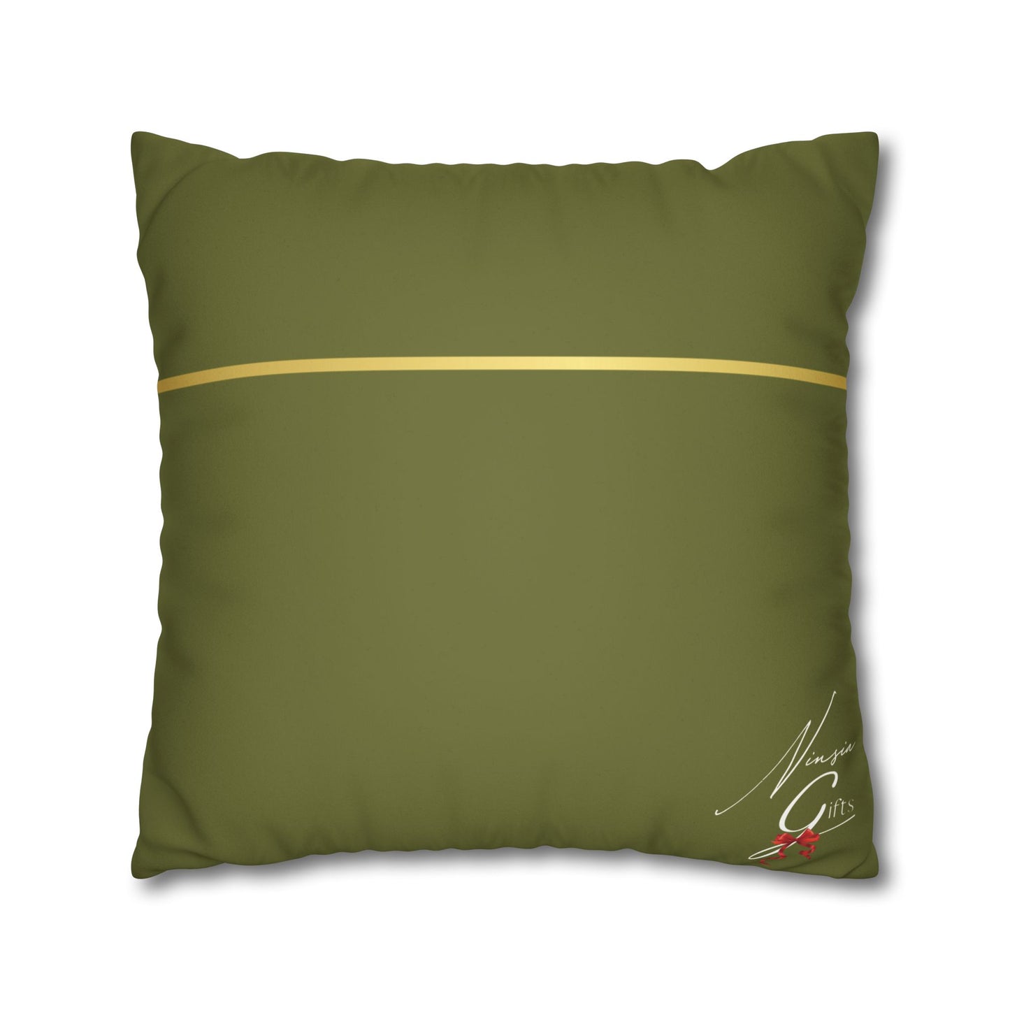 Faux Suede Square Pillowcase - Green with Golden Line