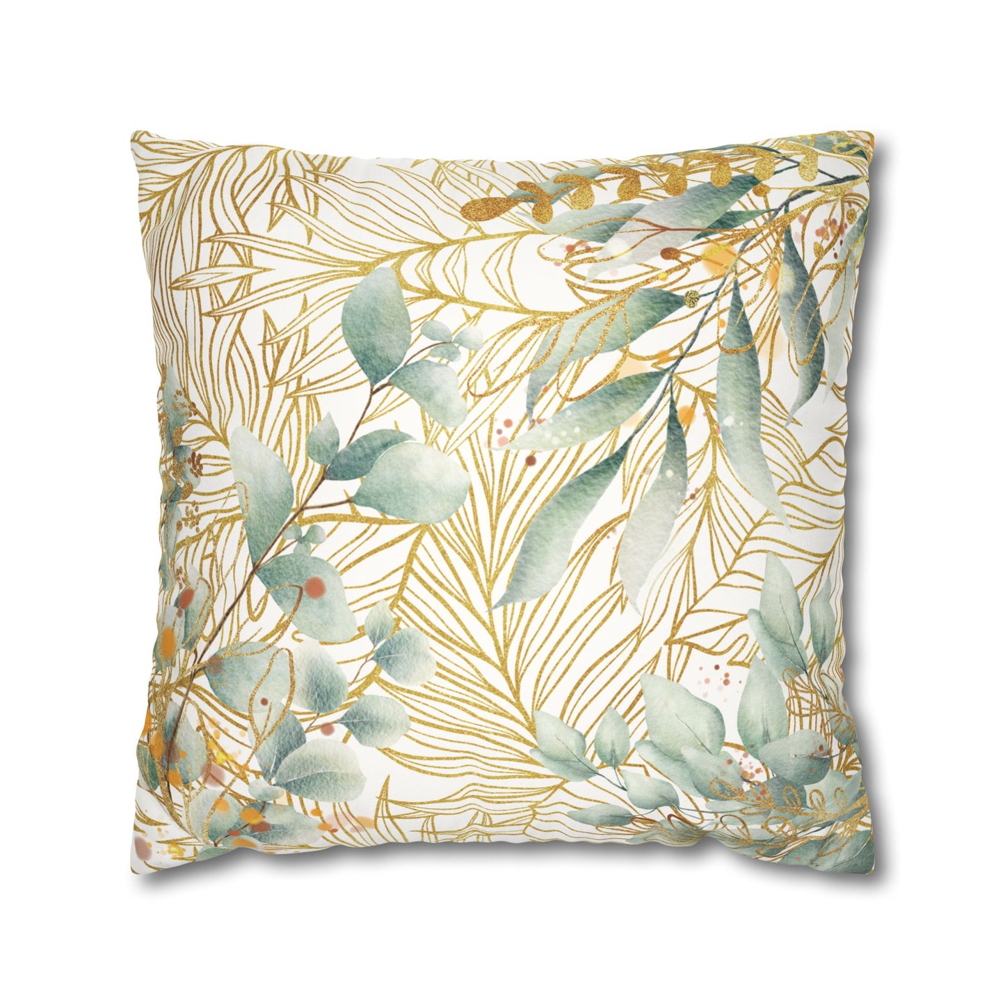 Faux Suede Square Pillowcase - White, Green & Golden Floral