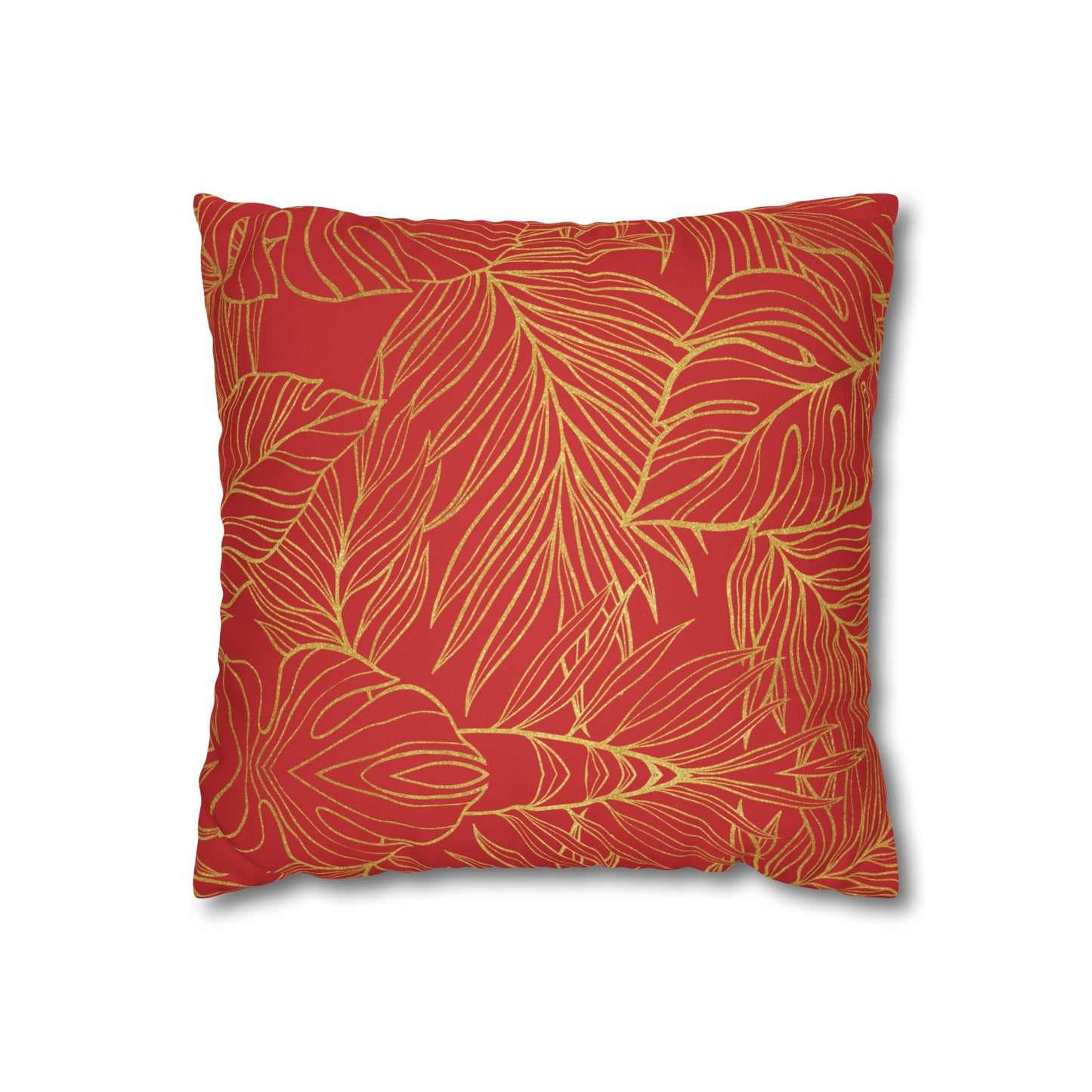 Faux Suede Square Pillowcase - Red with Golden Leaves