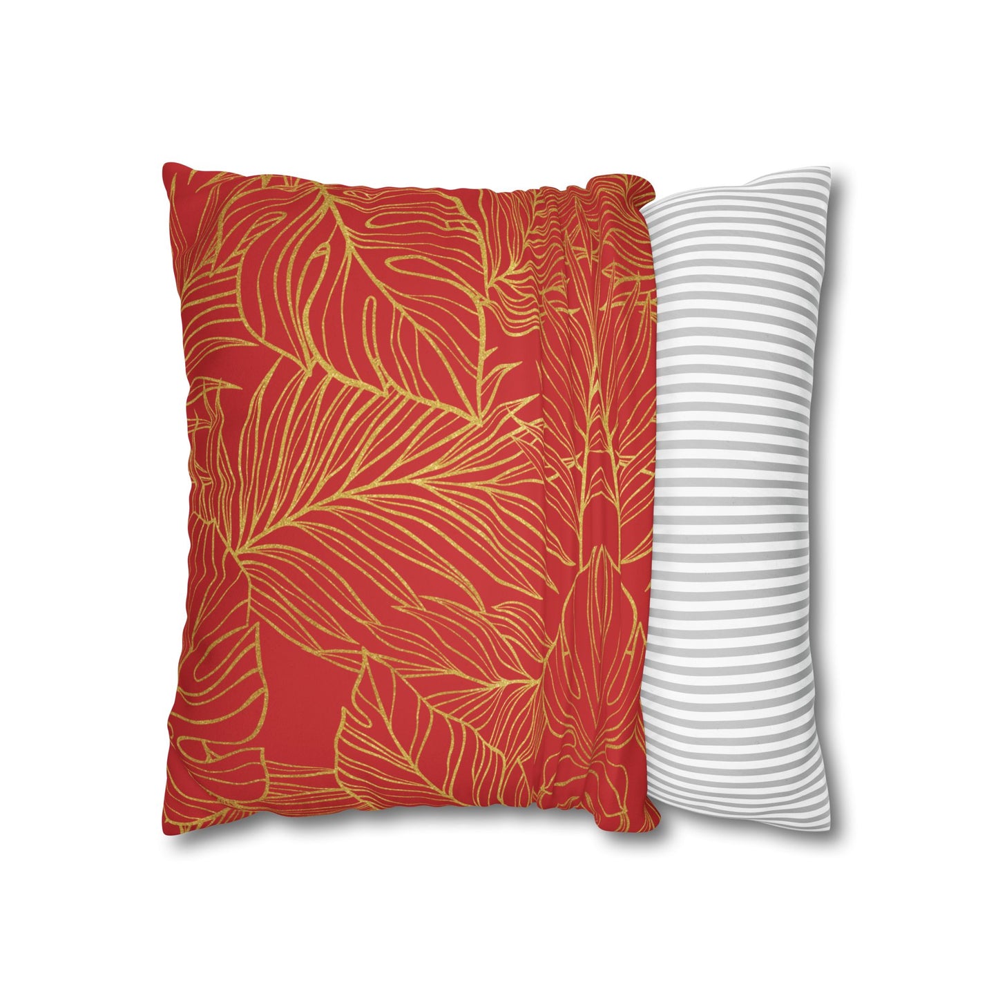 Faux Suede Square Pillowcase - Red with Golden Leaves