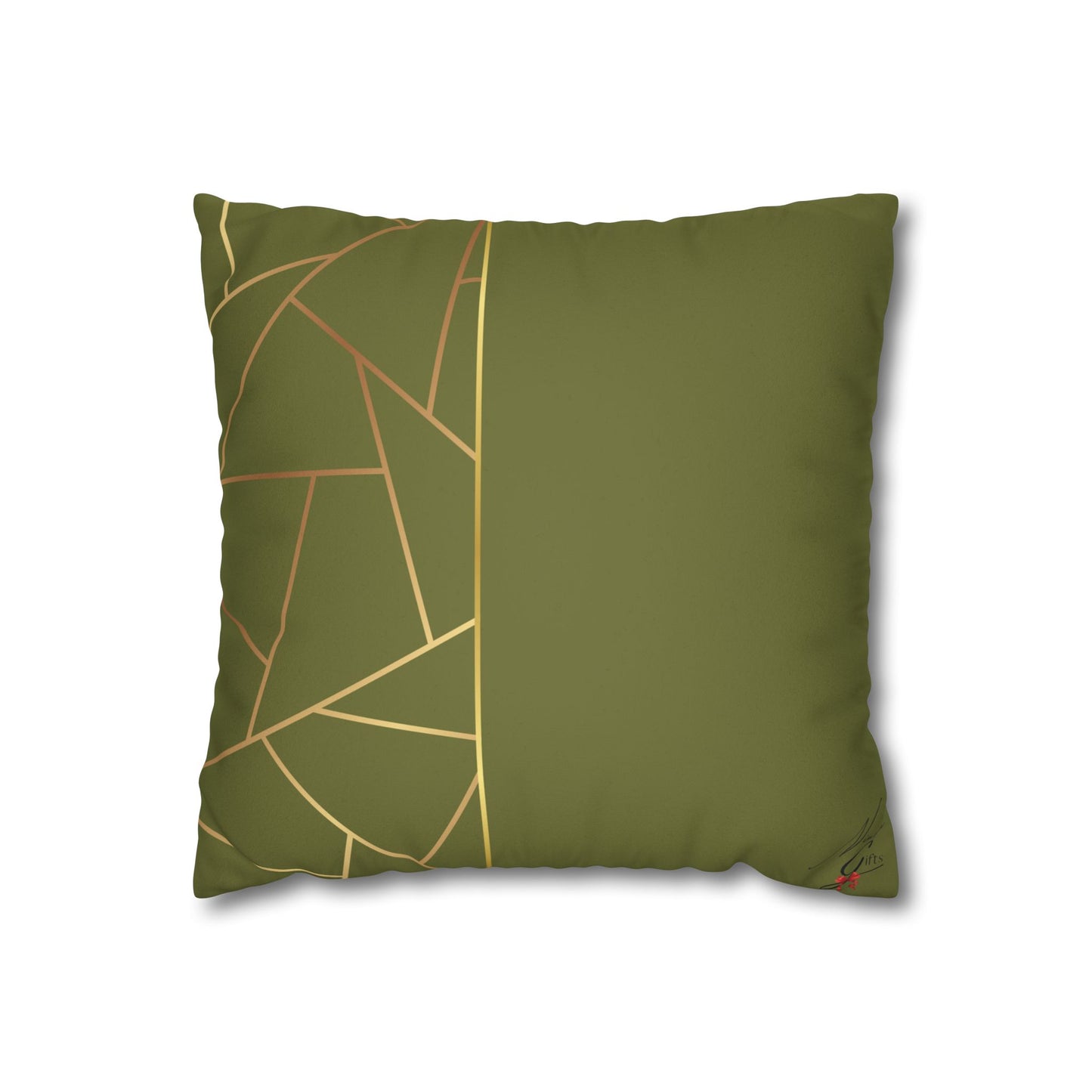 Faux Suede Square Pillowcase - Green with Golden Geometry