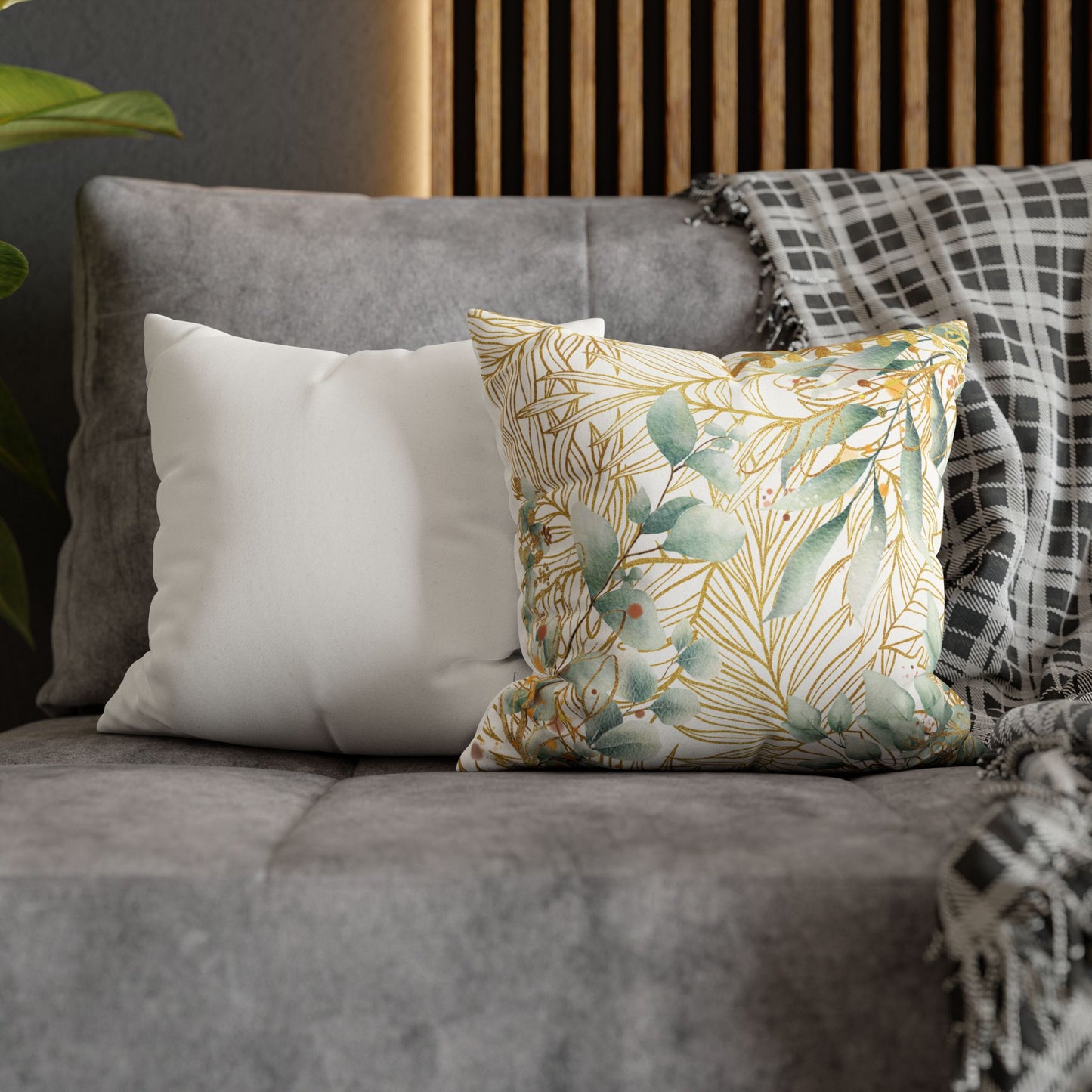 Faux Suede Square Pillowcase - White, Green & Golden Floral