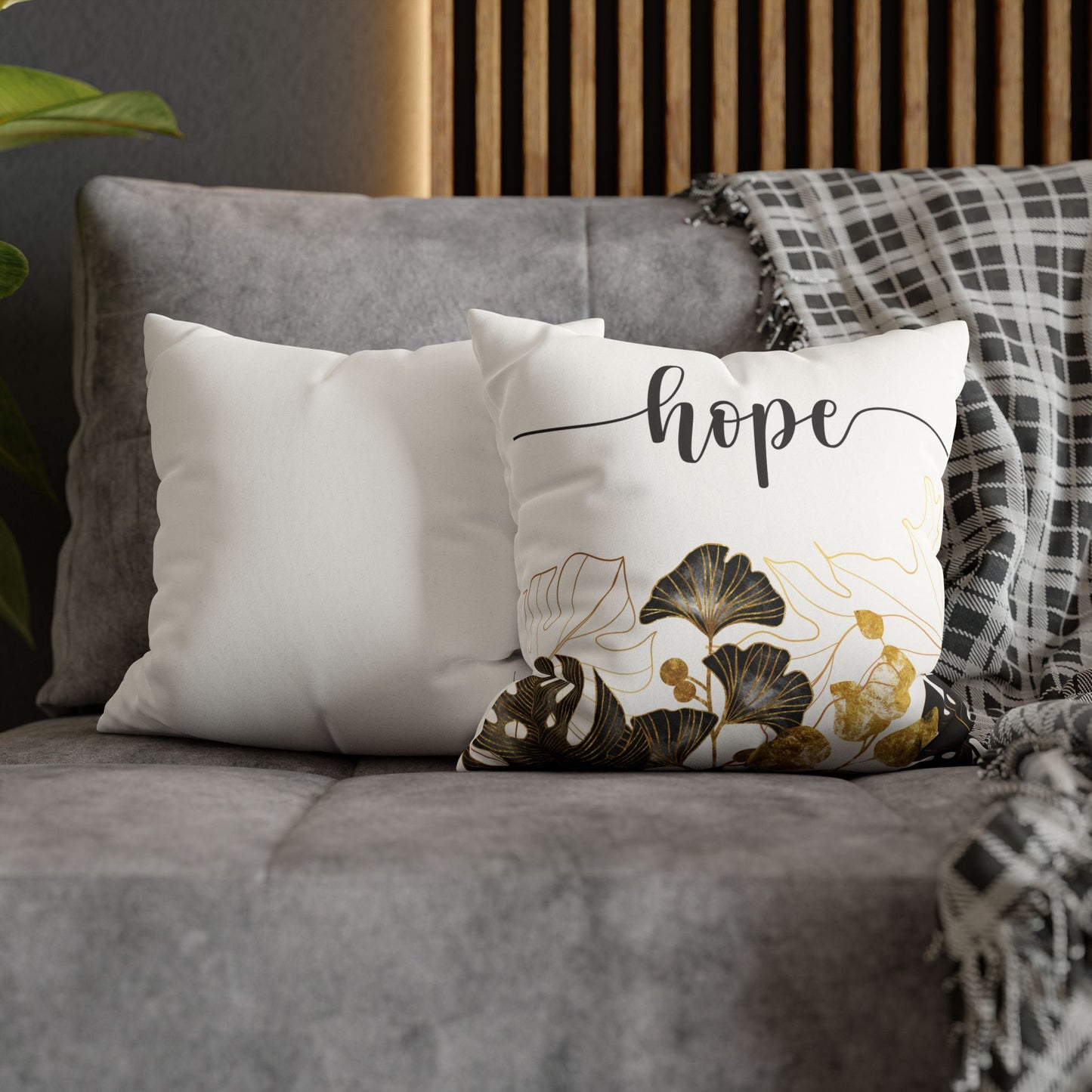 Faux Suede Square Pillowcase - HOPE - White & Golden Floral