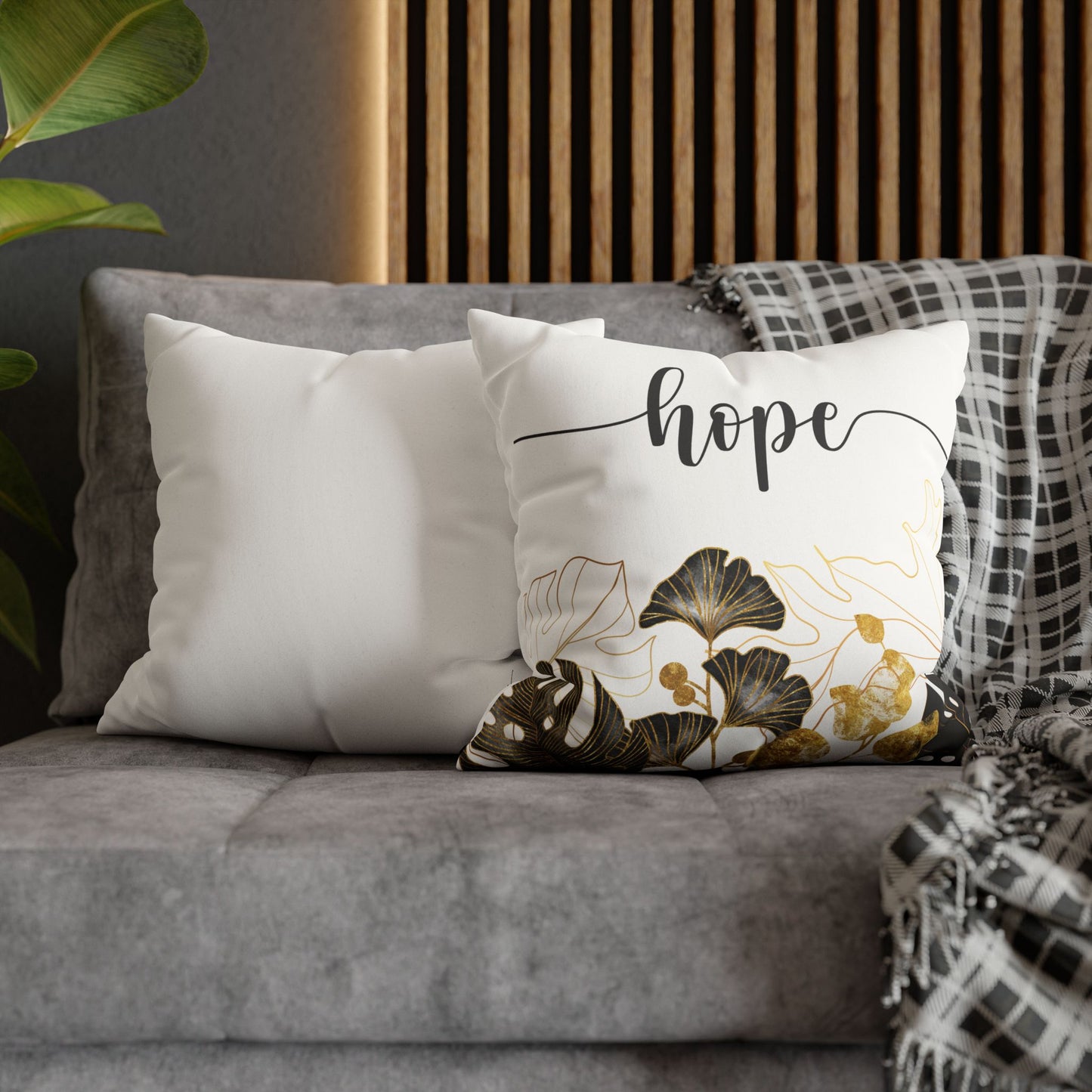 Faux Suede Square Pillowcase - HOPE - White & Golden Floral