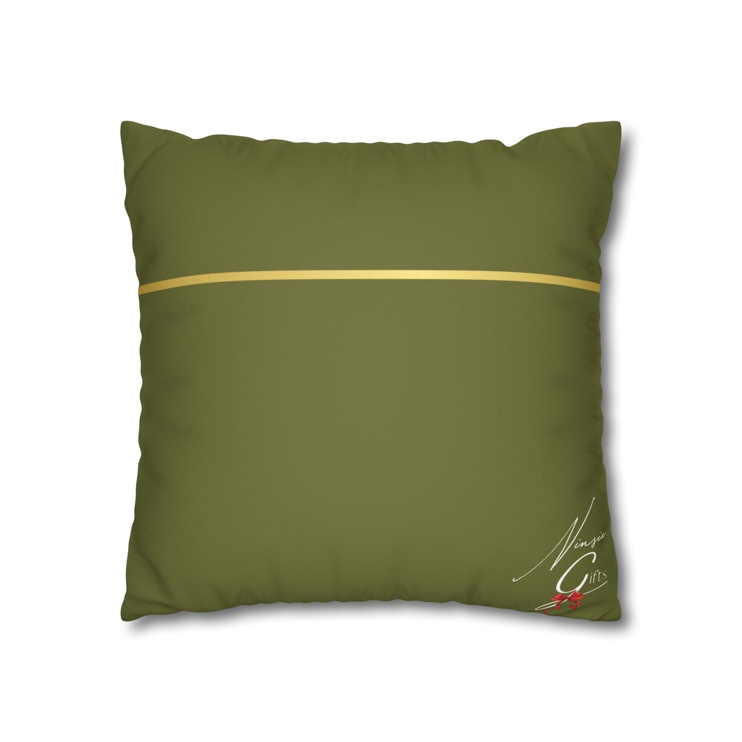 Faux Suede Square Pillowcase - Green with Golden Line