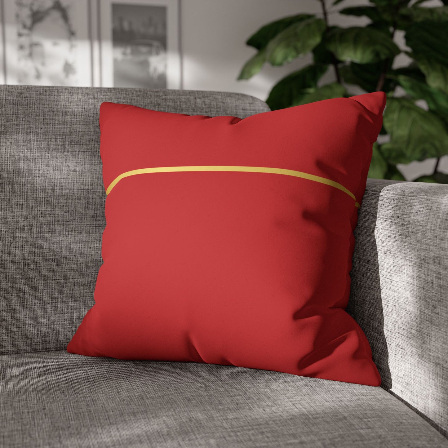 Faux Suede Square Pillowcase - Red with Golden Line