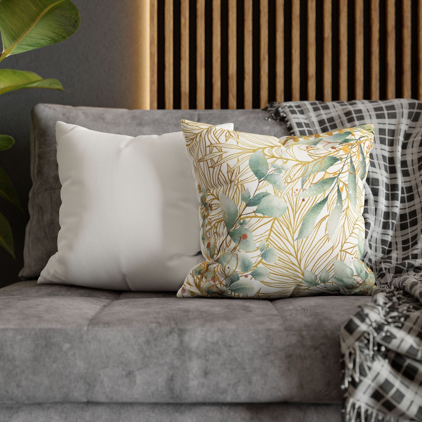 Faux Suede Square Pillowcase - White, Green & Golden Floral