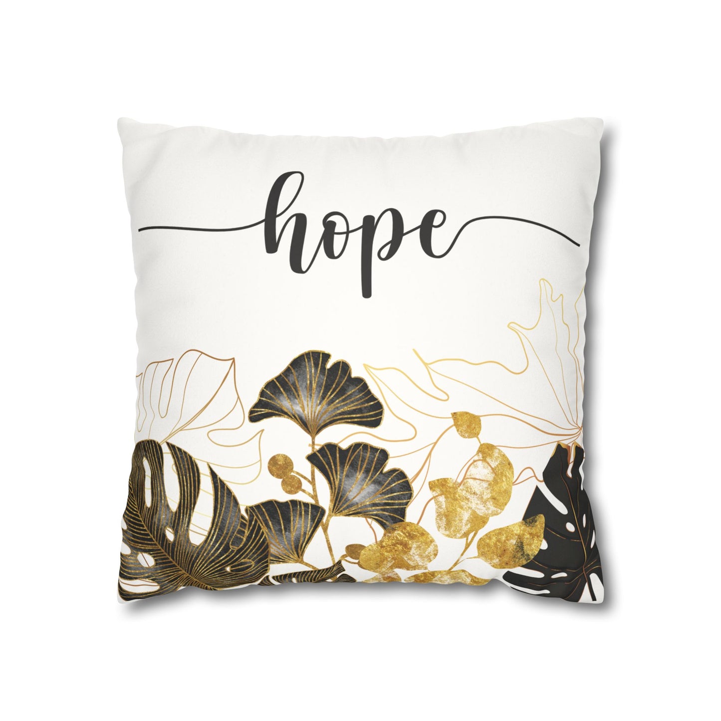 Faux Suede Square Pillowcase - HOPE - White & Golden Floral