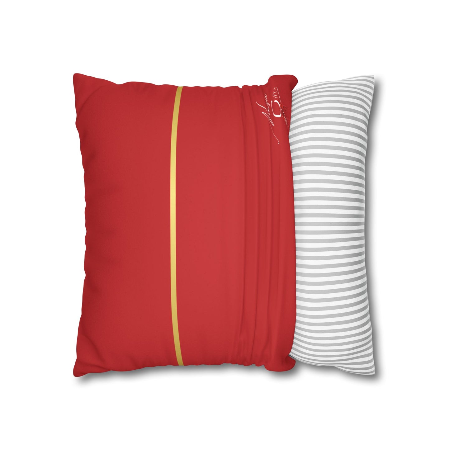 Faux Suede Square Pillowcase - Red with Golden Line