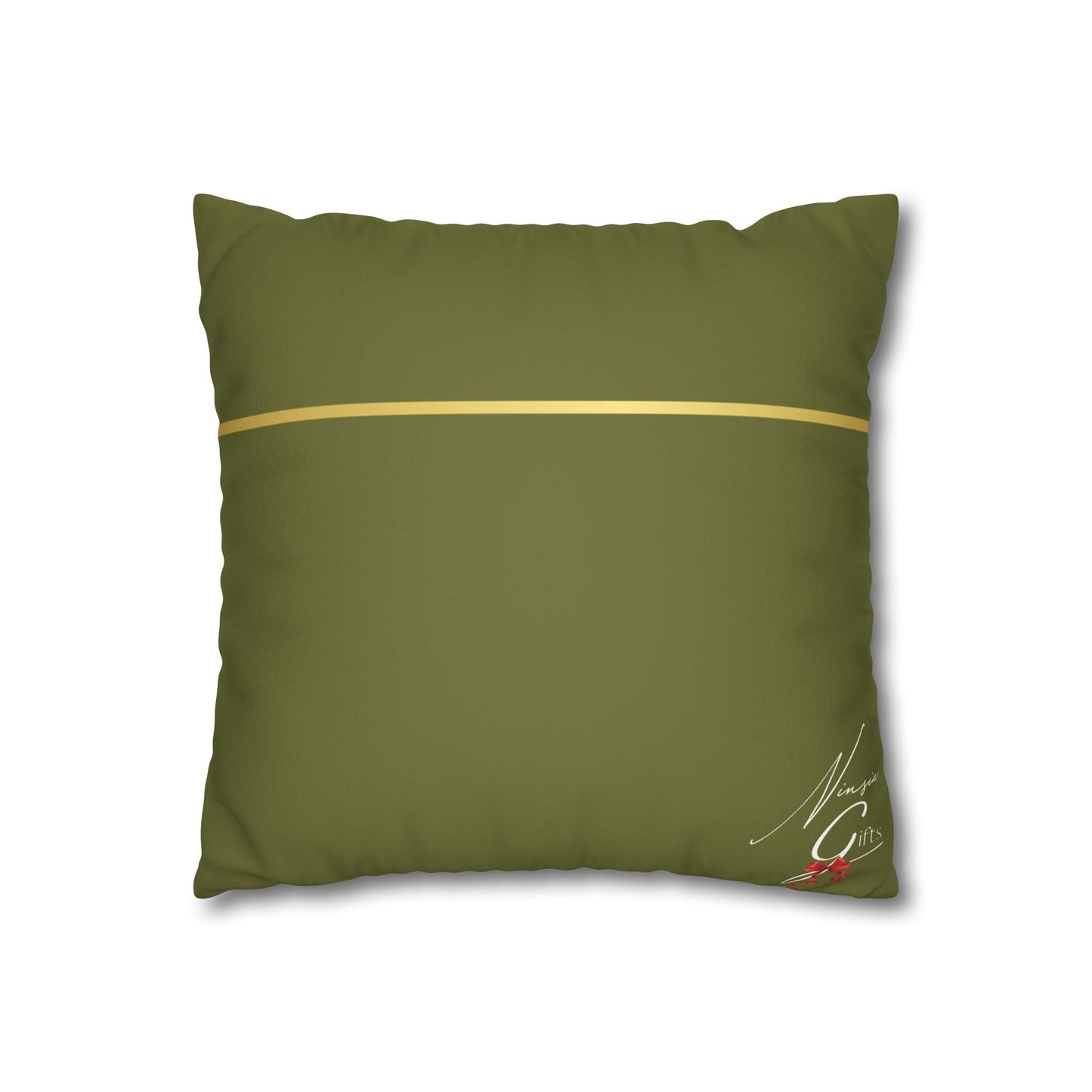Faux Suede Square Pillowcase - Green with Golden Line