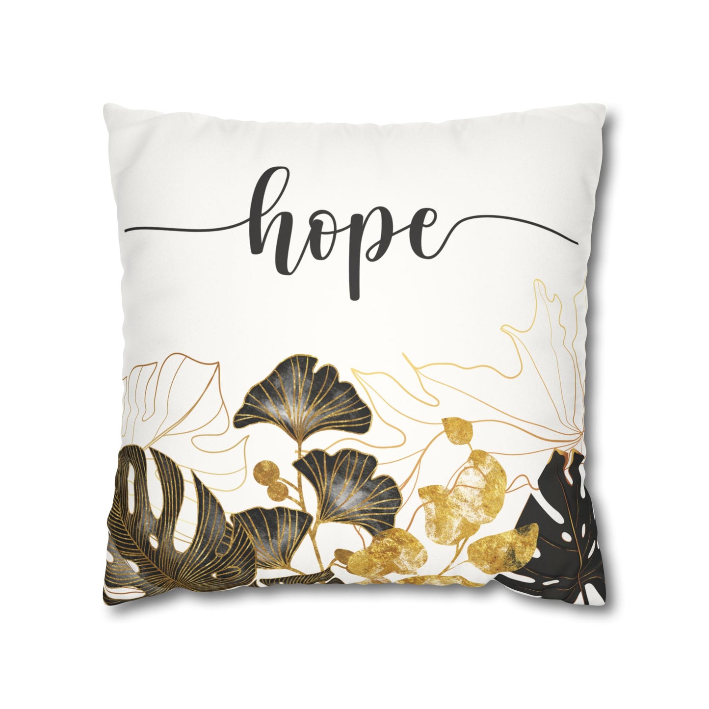 Faux Suede Square Pillowcase - HOPE - White & Golden Floral