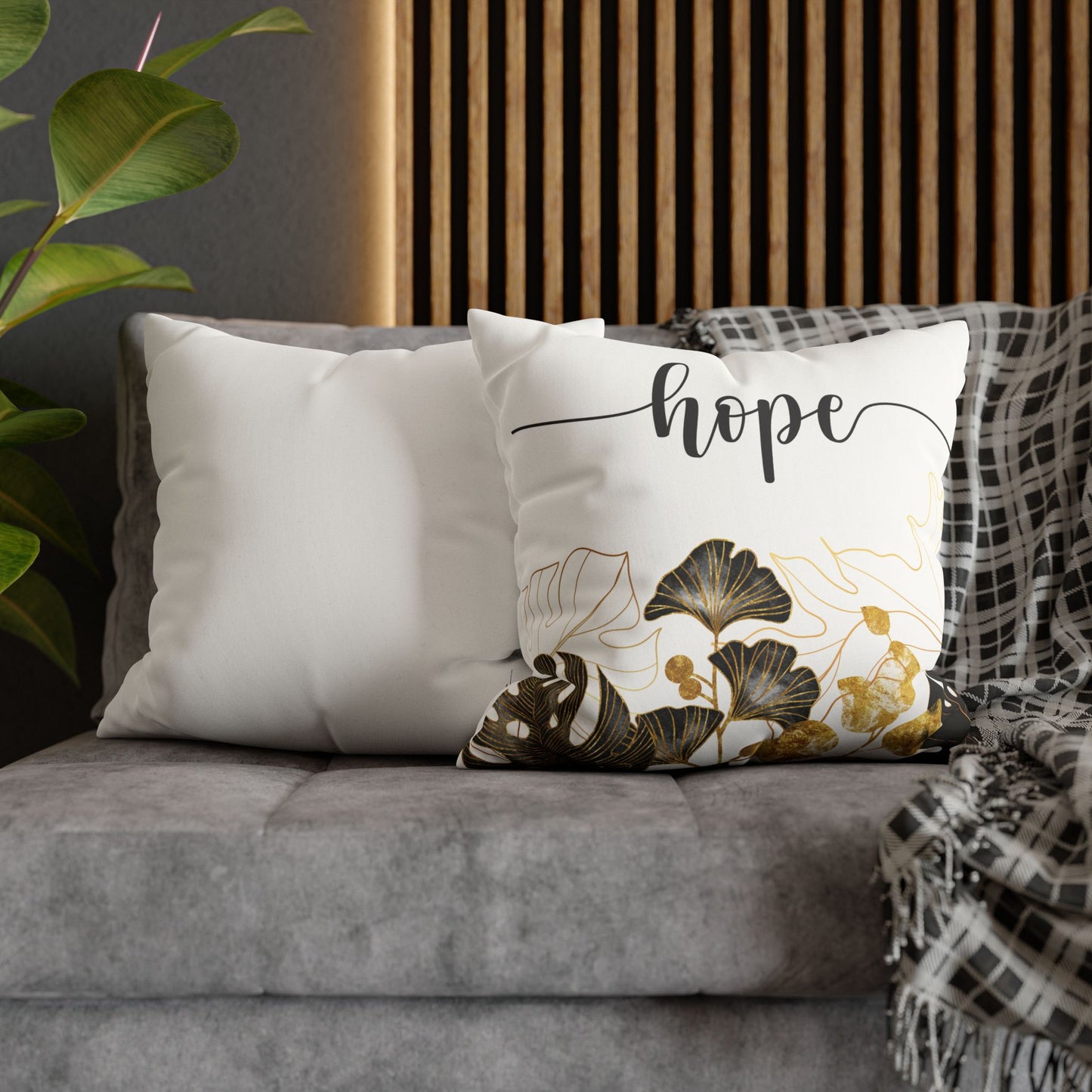 Faux Suede Square Pillowcase - HOPE - White & Golden Floral