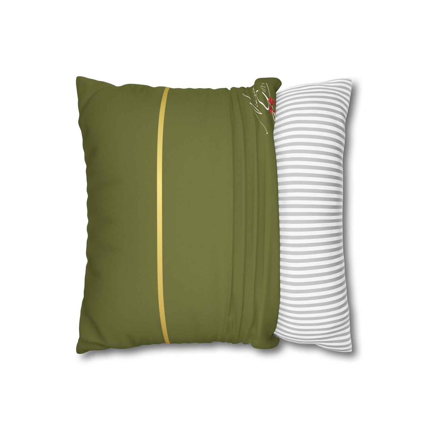 Faux Suede Square Pillowcase - Green with Golden Line