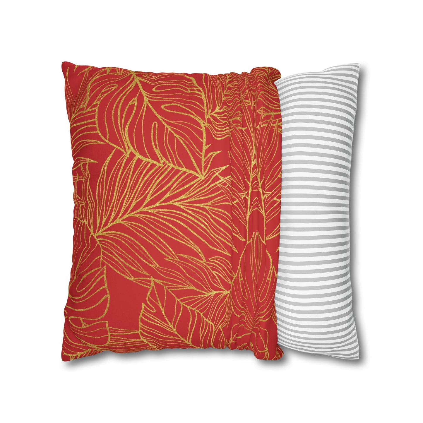 Faux Suede Square Pillowcase - Red with Golden Leaves