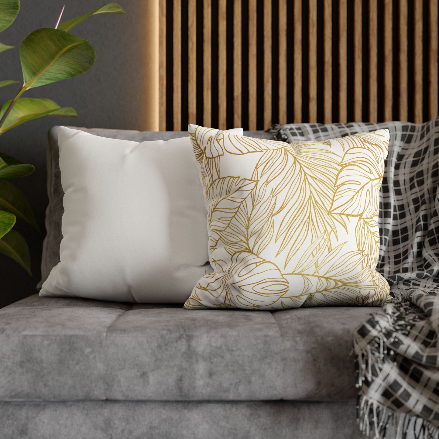Faux Suede Square Pillowcase - White & Golden Fleurs