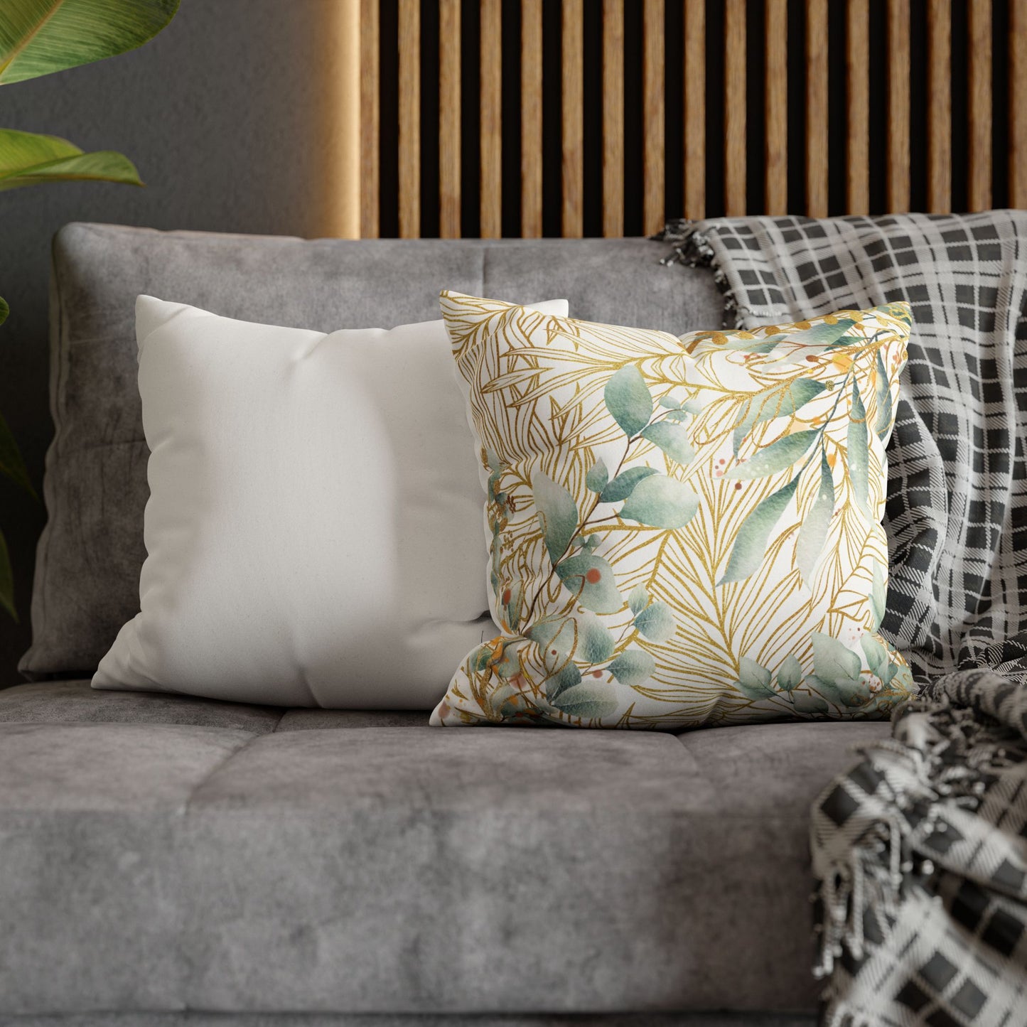 Faux Suede Square Pillowcase - White, Green & Golden Floral