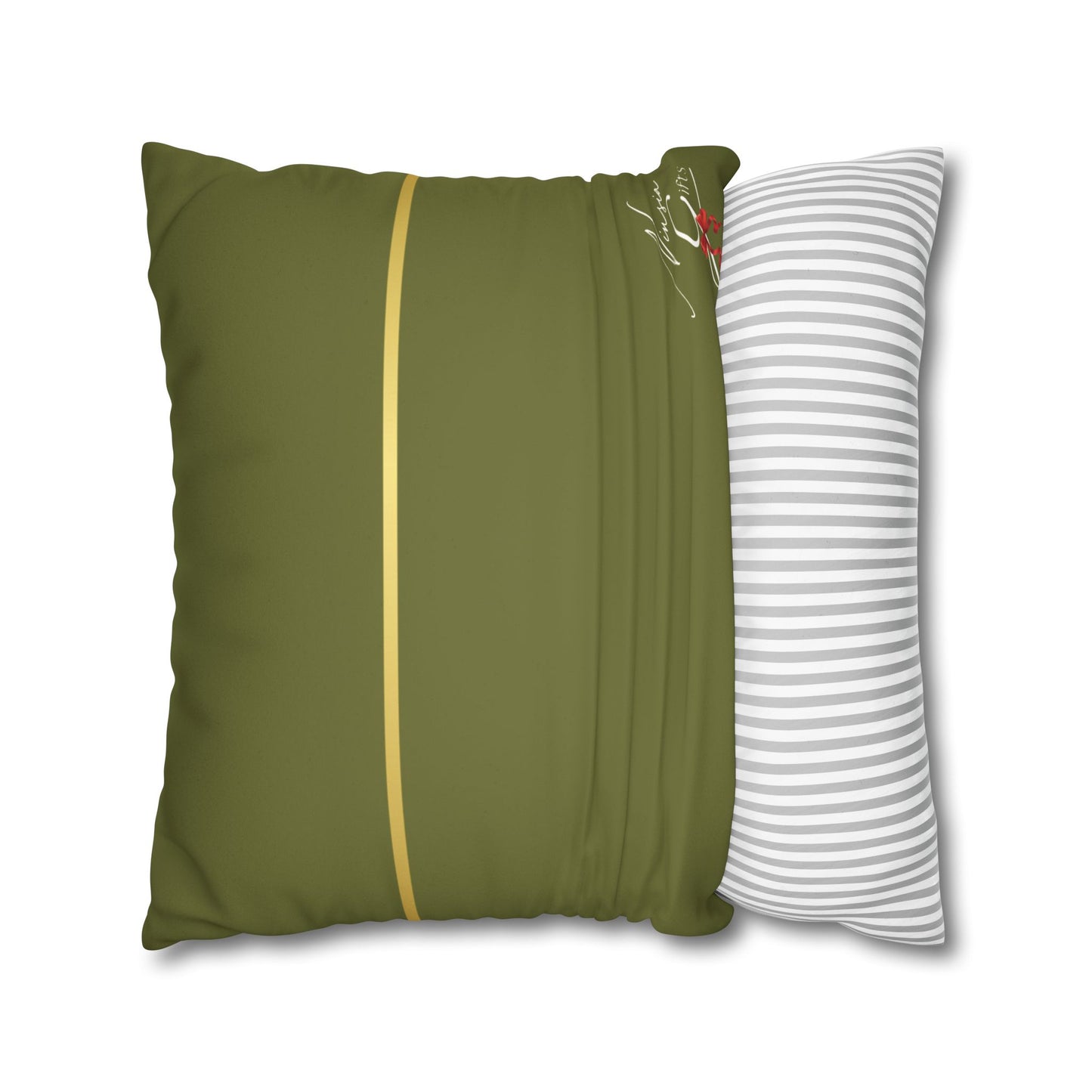 Faux Suede Square Pillowcase - Green with Golden Line