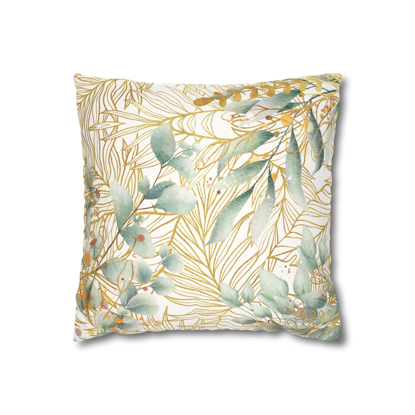 Faux Suede Square Pillowcase - White, Green & Golden Floral