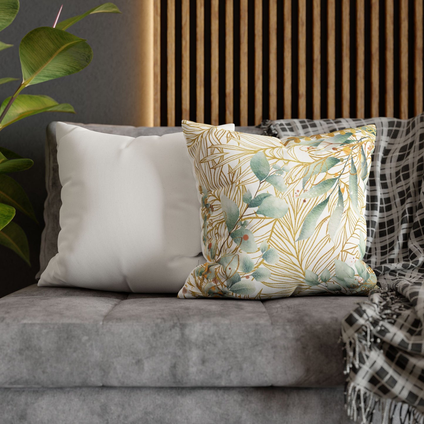Faux Suede Square Pillowcase - White, Green & Golden Floral
