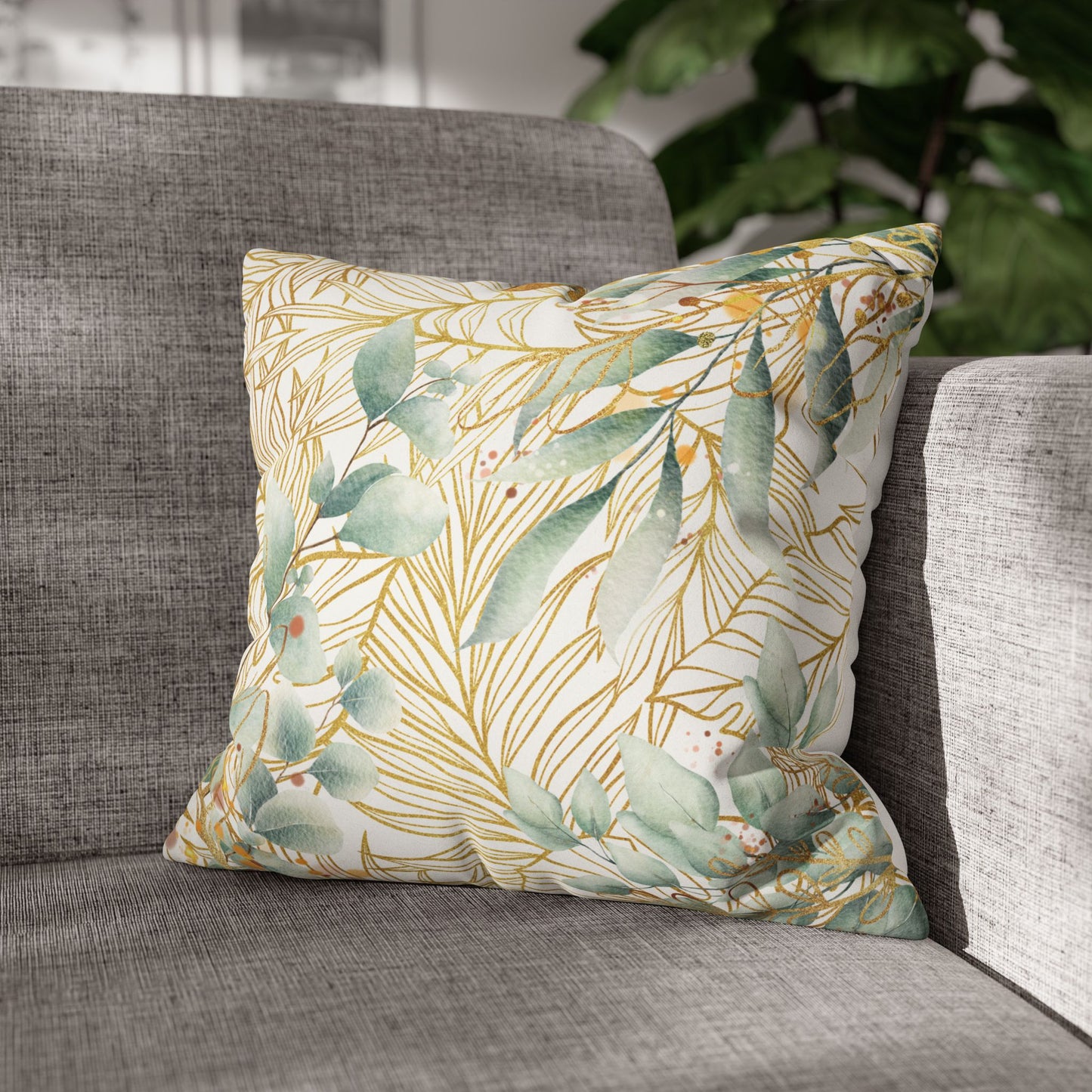 Faux Suede Square Pillowcase - White, Green & Golden Floral