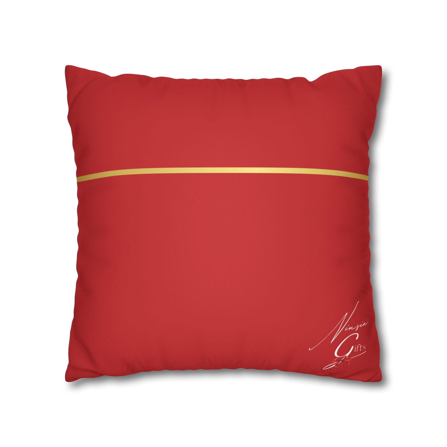 Faux Suede Square Pillowcase - Red with Golden Line