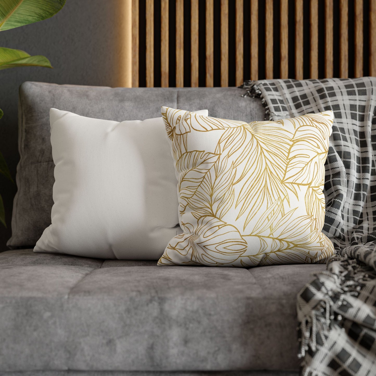 Faux Suede Square Pillowcase - White & Golden Fleurs