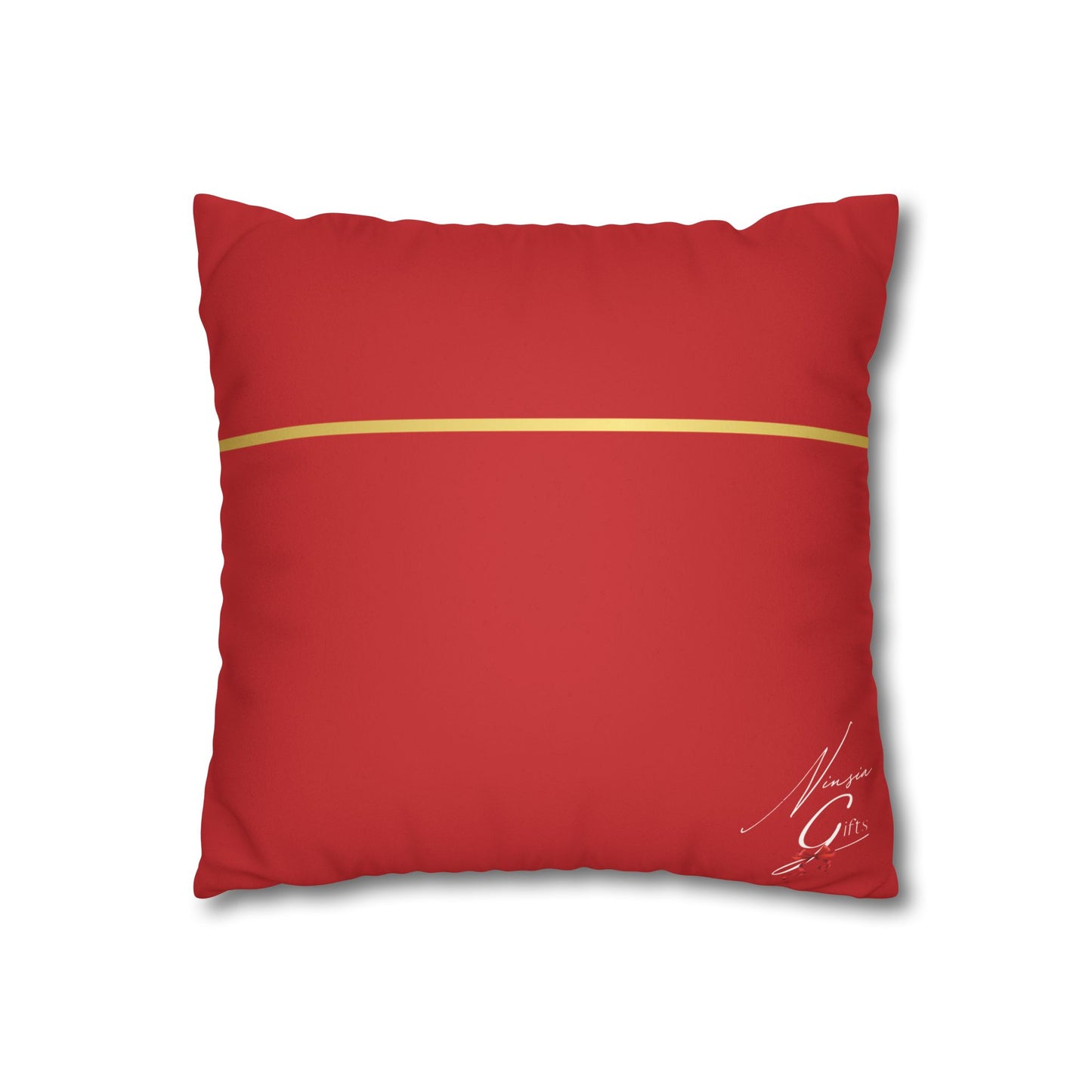 Faux Suede Square Pillowcase - Red with Golden Line