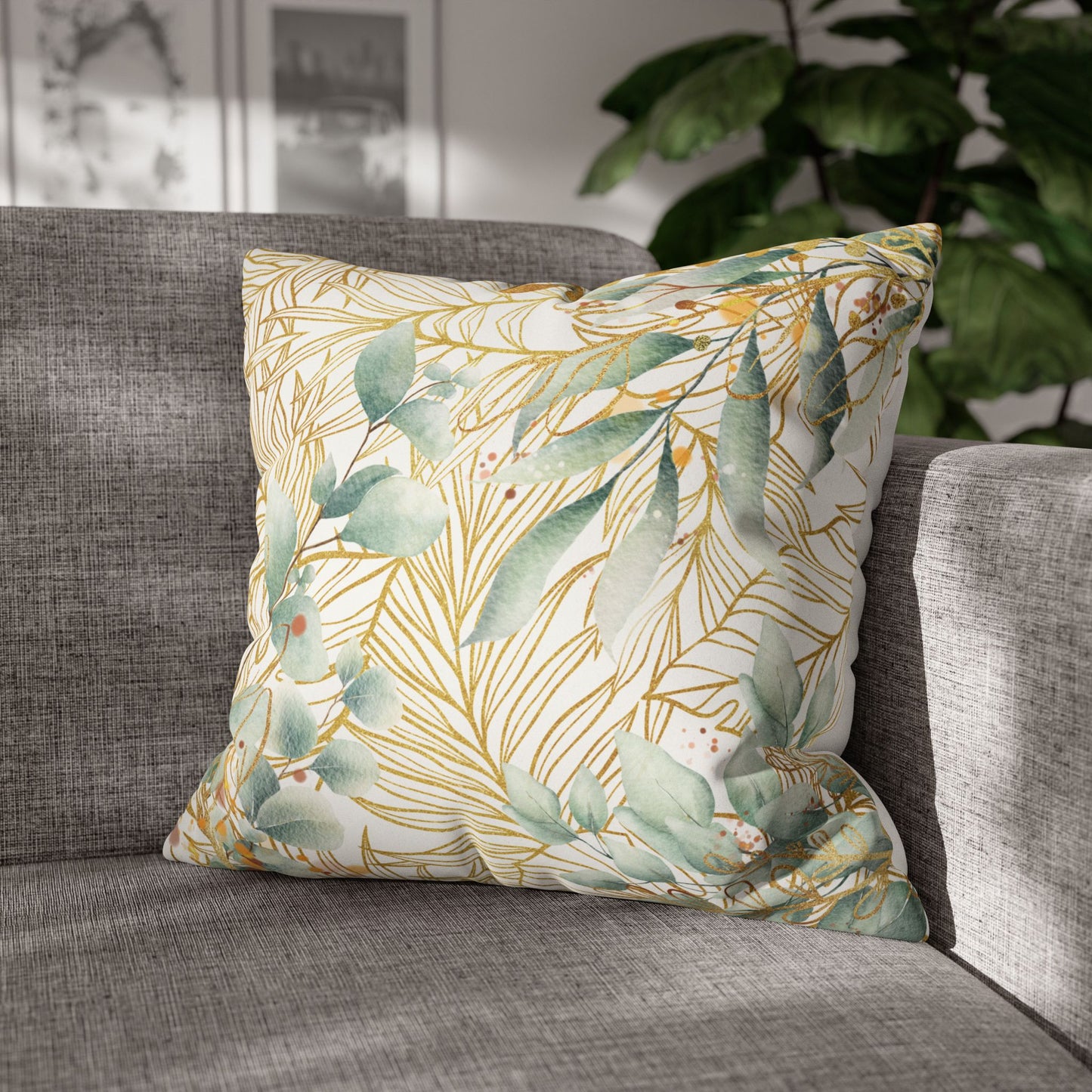 Faux Suede Square Pillowcase - White, Green & Golden Floral