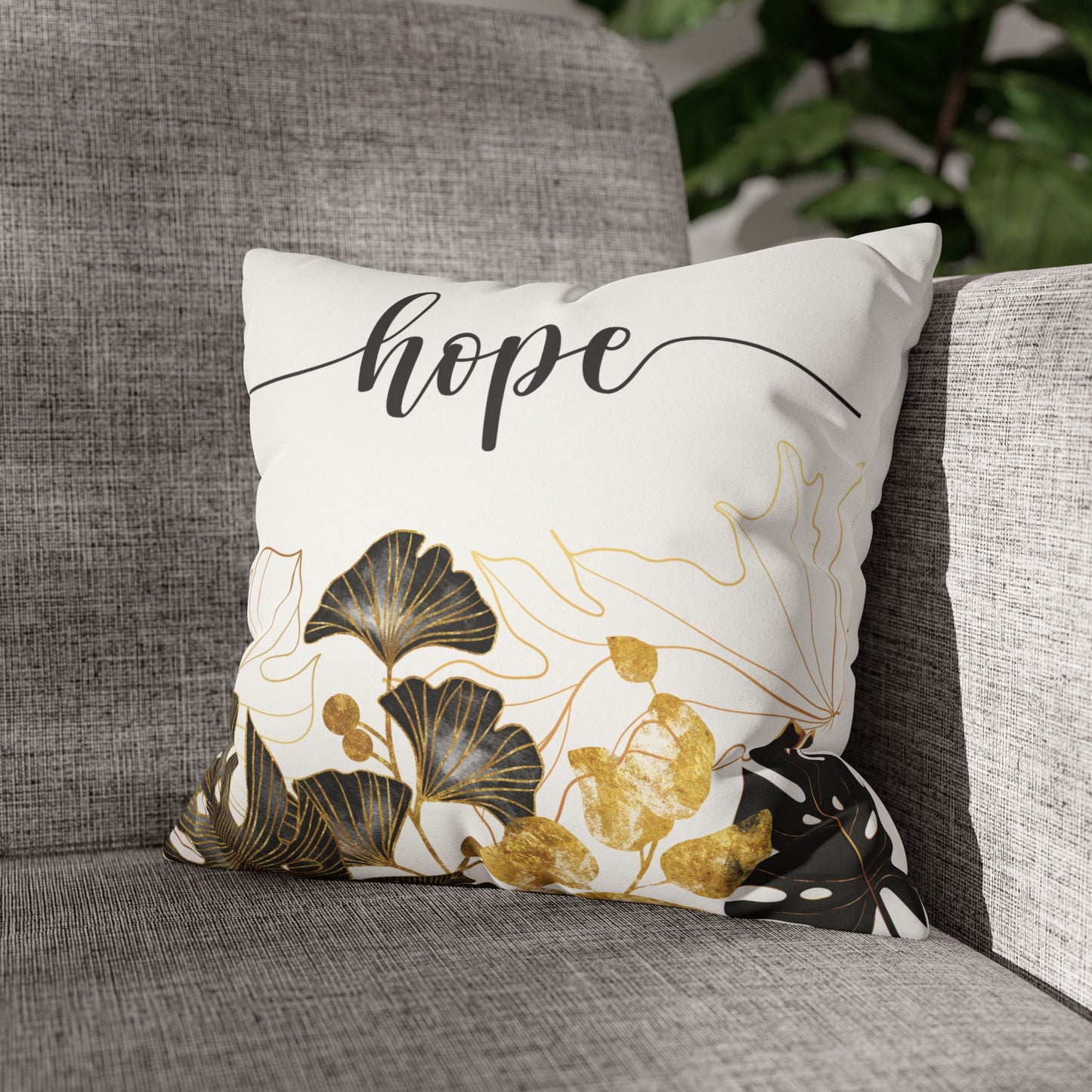 Faux Suede Square Pillowcase - HOPE - White & Golden Floral