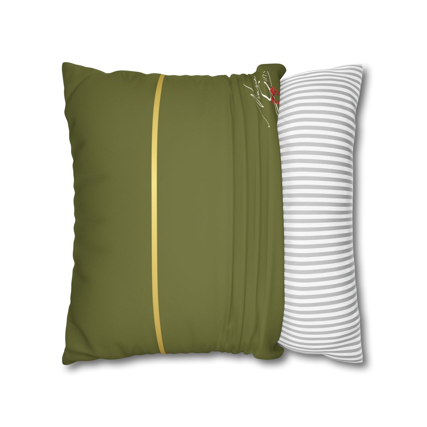 Faux Suede Square Pillowcase - Green with Golden Line