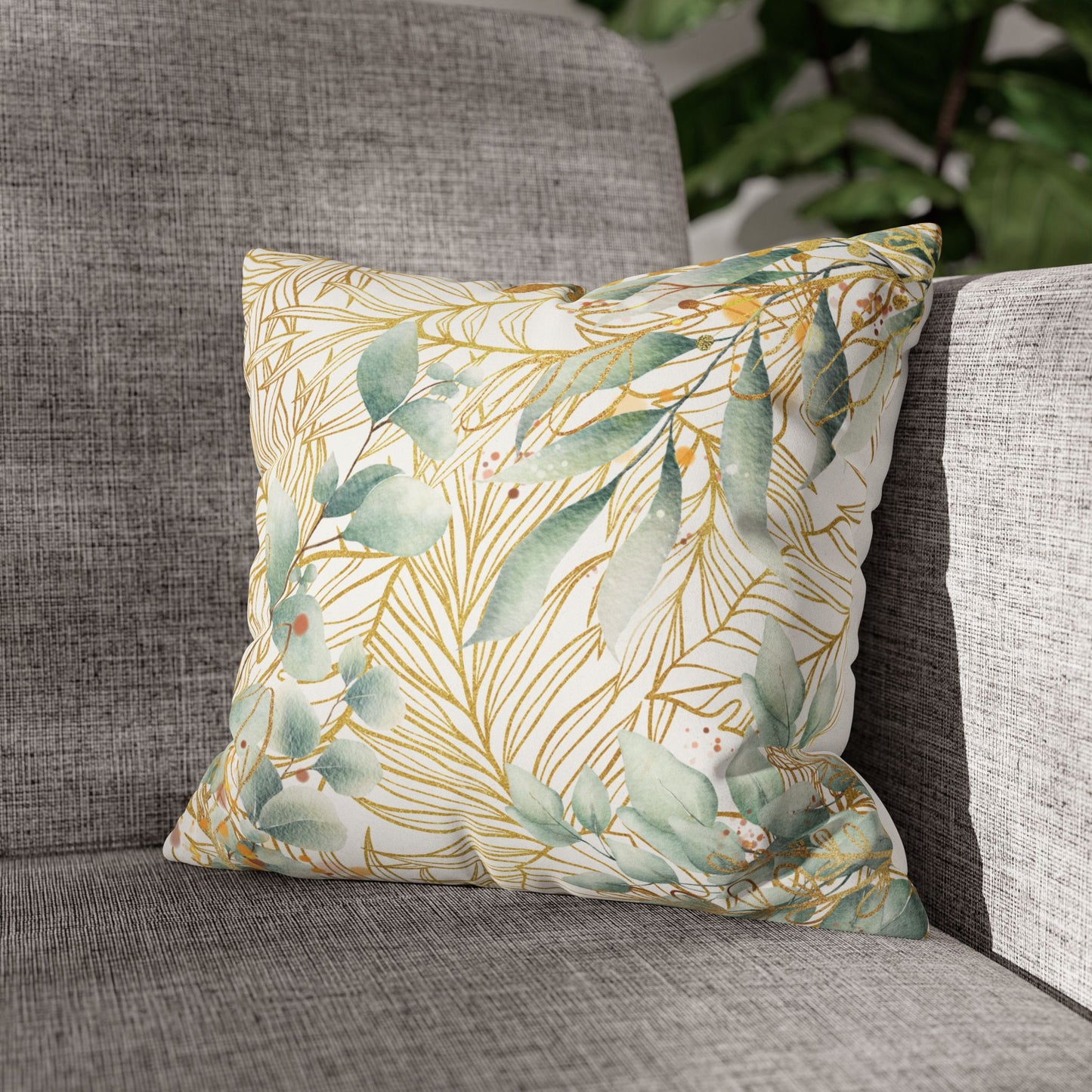 Faux Suede Square Pillowcase - White, Green & Golden Floral