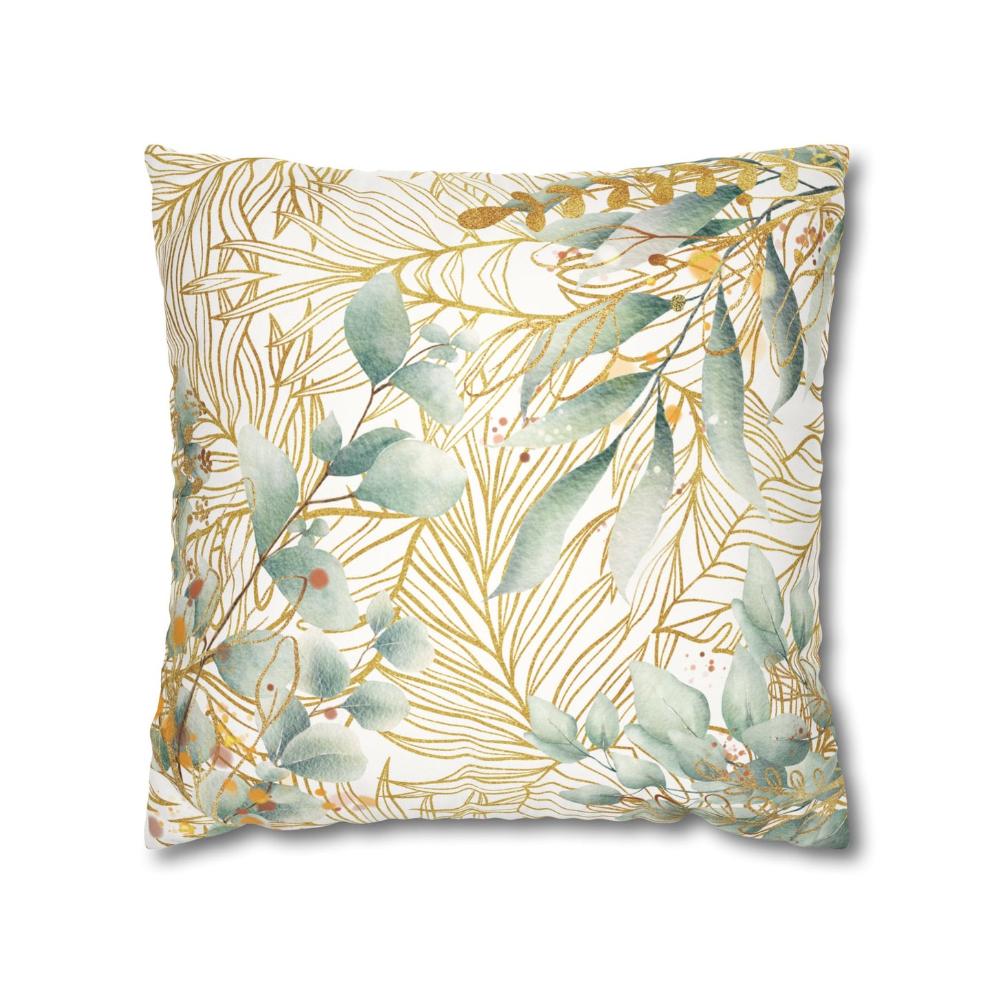 Faux Suede Square Pillowcase - White, Green & Golden Floral
