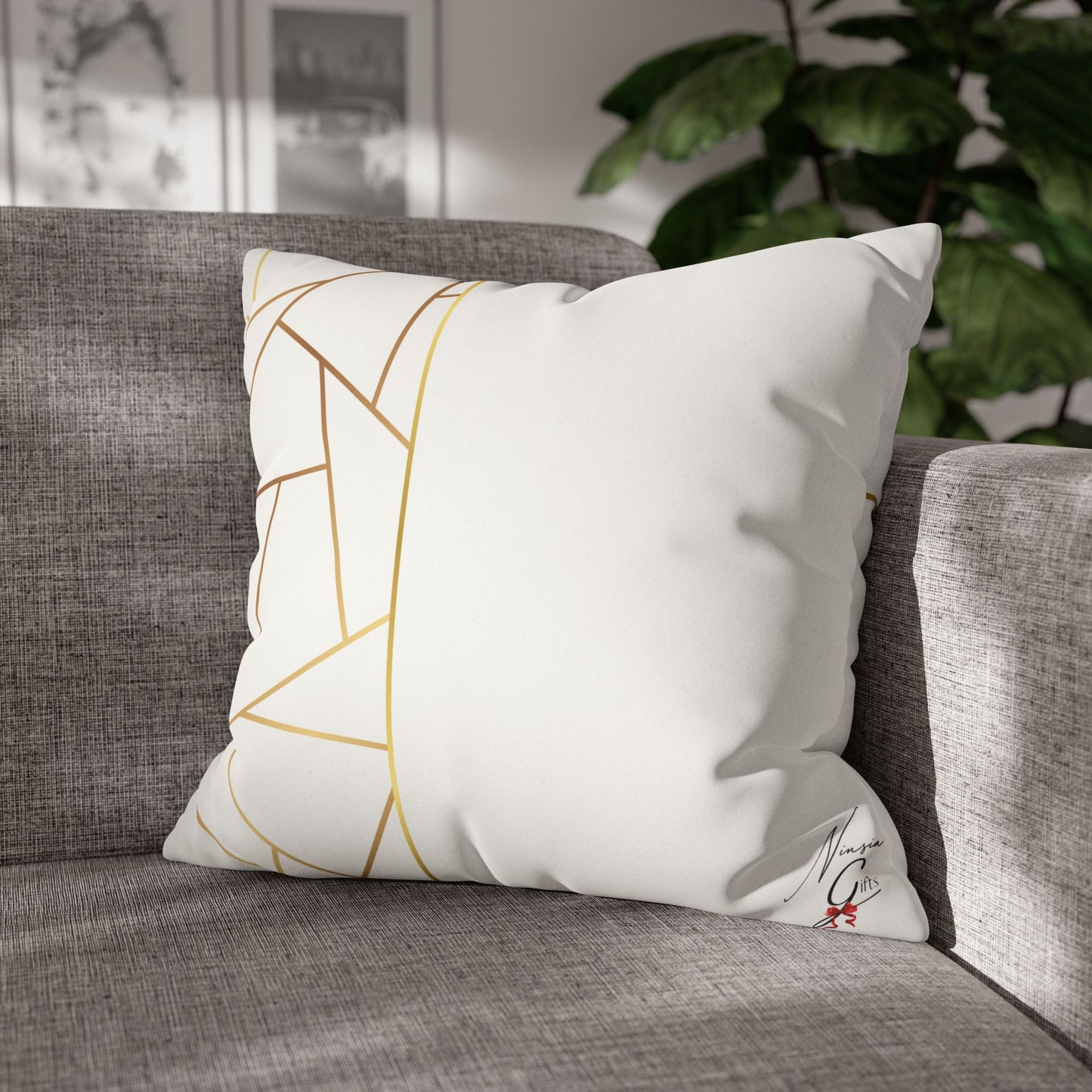 Faux Suede Square Pillowcase - Golden Geometry - White