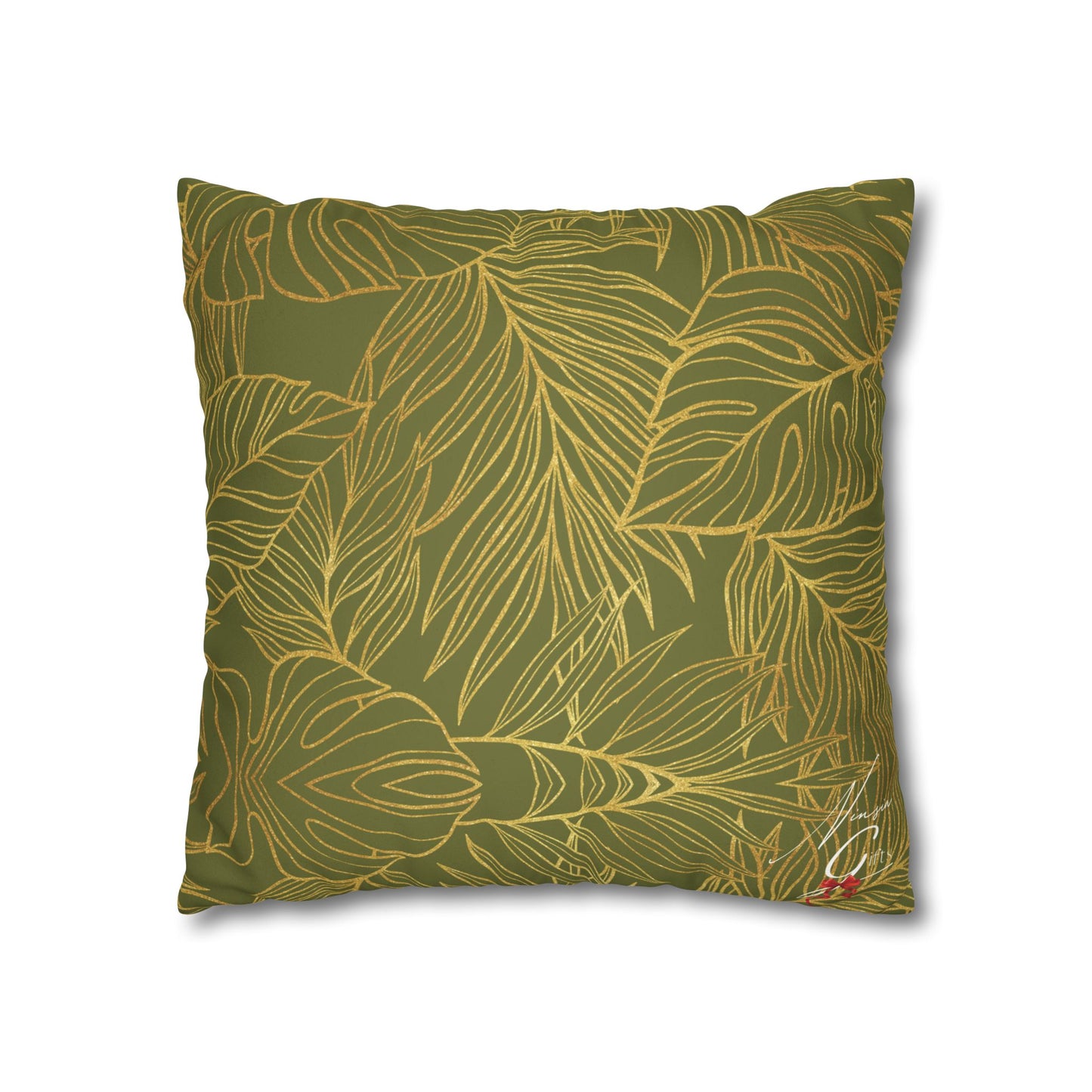 Faux Suede Square Pillowcase - Green with Golden Leaves