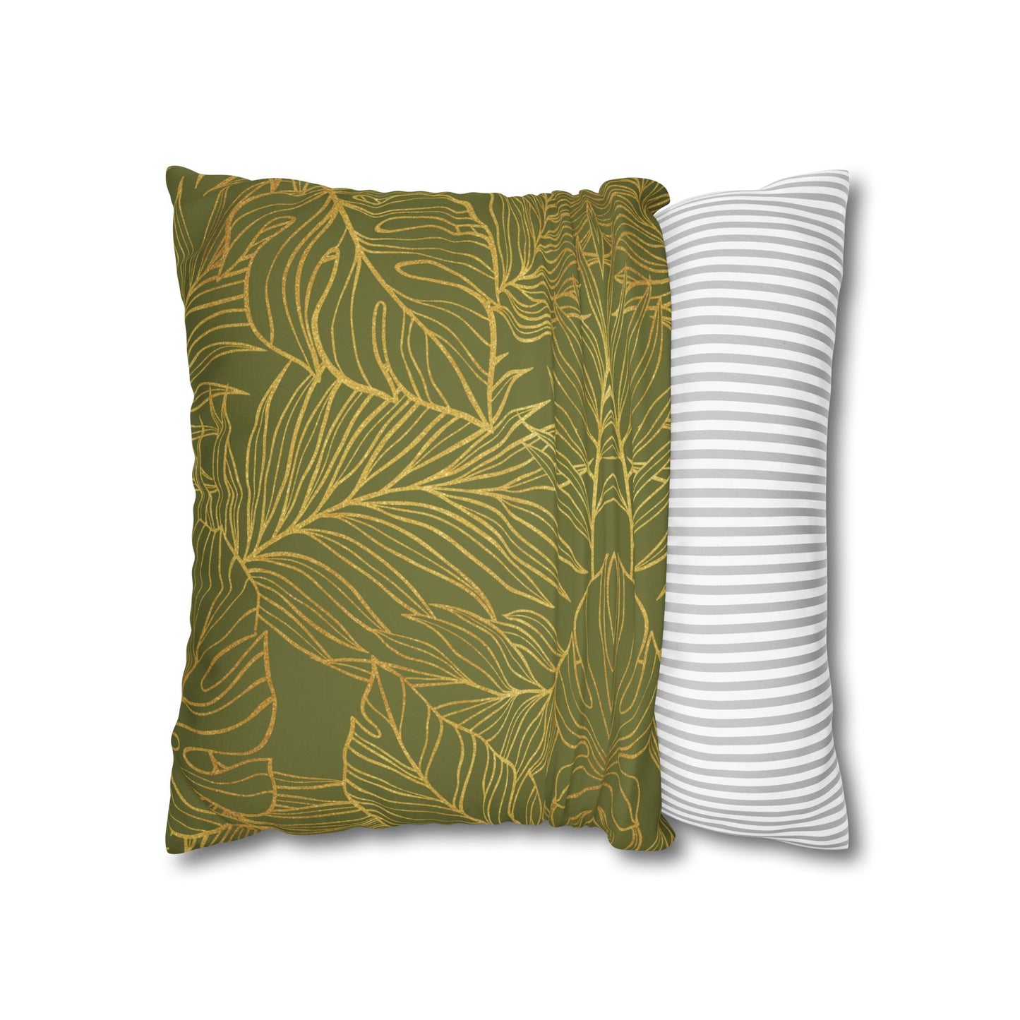 Faux Suede Square Pillowcase - Green with Golden Leaves