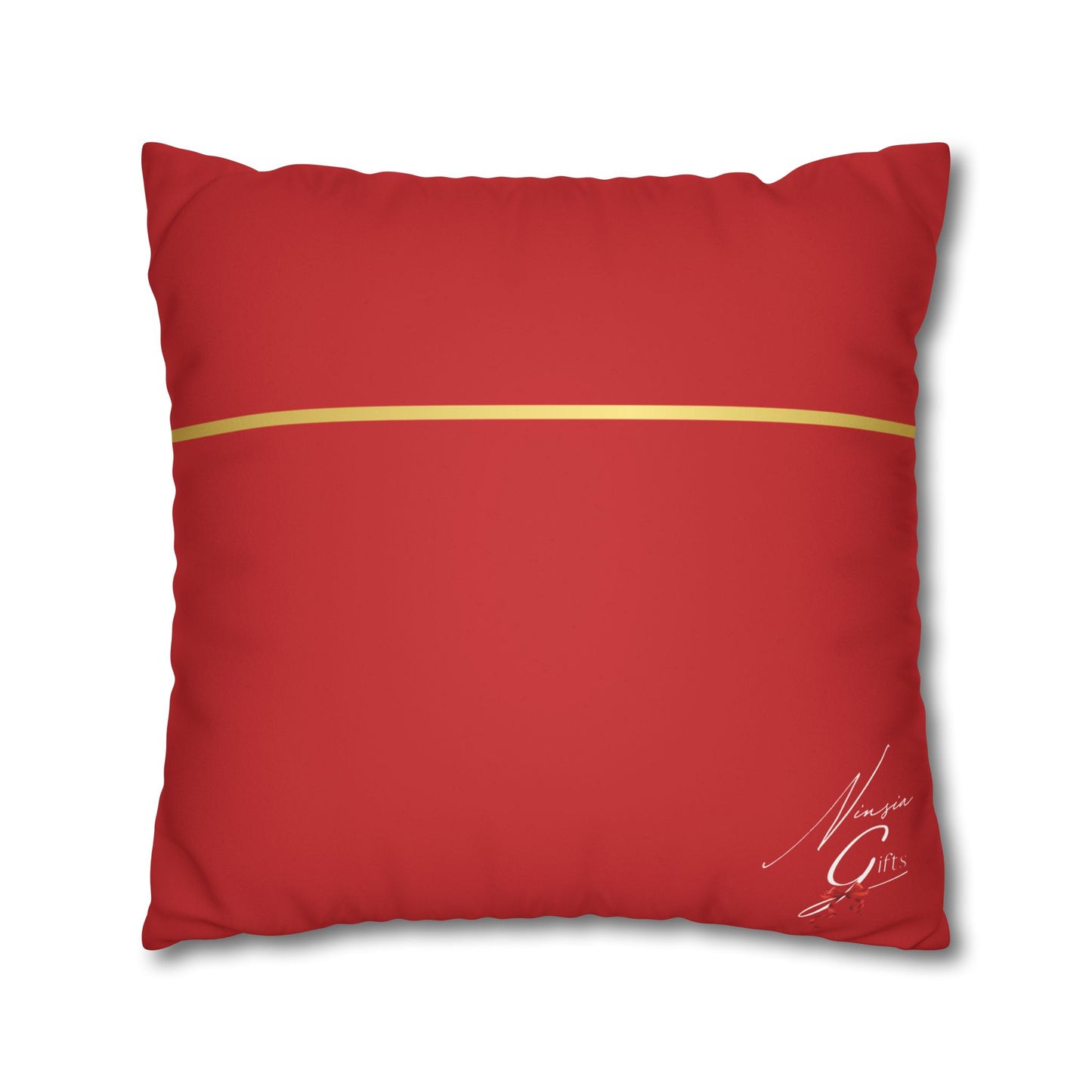 Faux Suede Square Pillowcase - Red with Golden Line